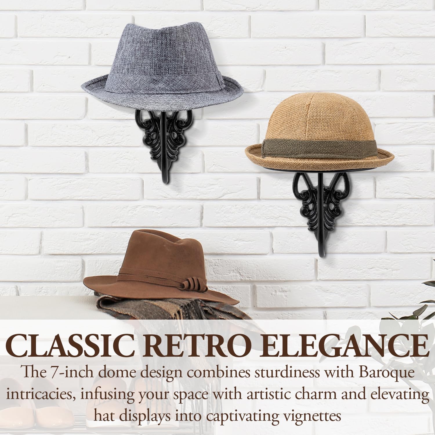 MyGift Set of 2 Wall Mounted Black Metal Hat Racks with 7 Inch Round Dome Holder, Decorative Vintage Style Cap or Wig Display Ha