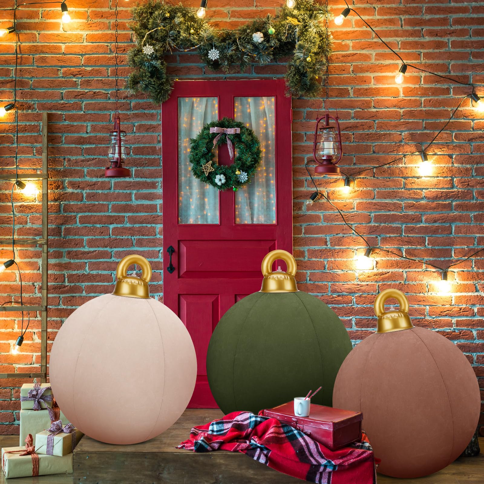 Jetec 3 Pcs 32 Inch Giant Velvet Christmas Inflatable Balls Ornament Flocked Xmas PVC Inflatable Flocked Ball Ornaments for Chri