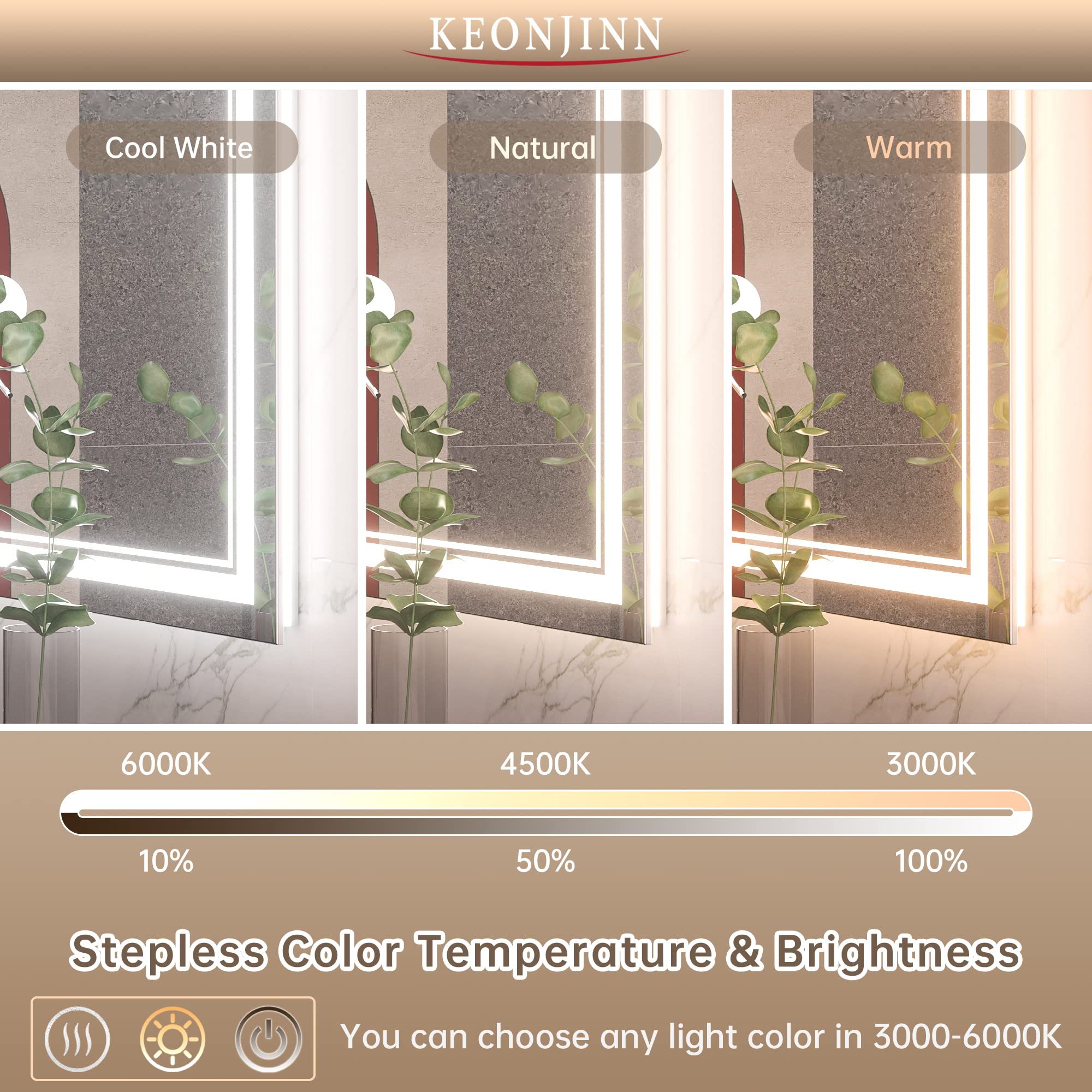 Keonjinn Led Bathroom Mirror 48    X 30    With Frontlit And Backlight, Stepless 3 Colors Temperature & Dimmable Wall Mirror, Ul