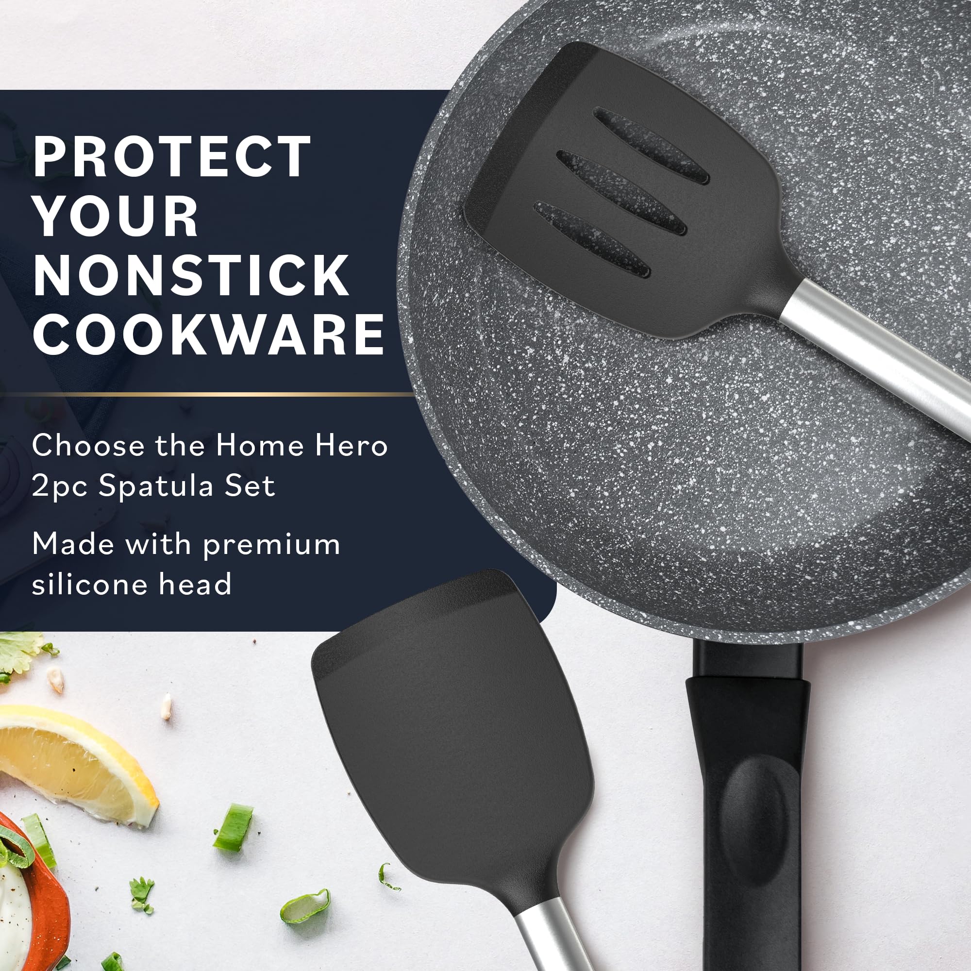 Home Hero Silicone Spatula Set With Ergonomic Handles - Stainless Steel High Heat Resistant Solid & Slotted Turner, Bpa Free Non