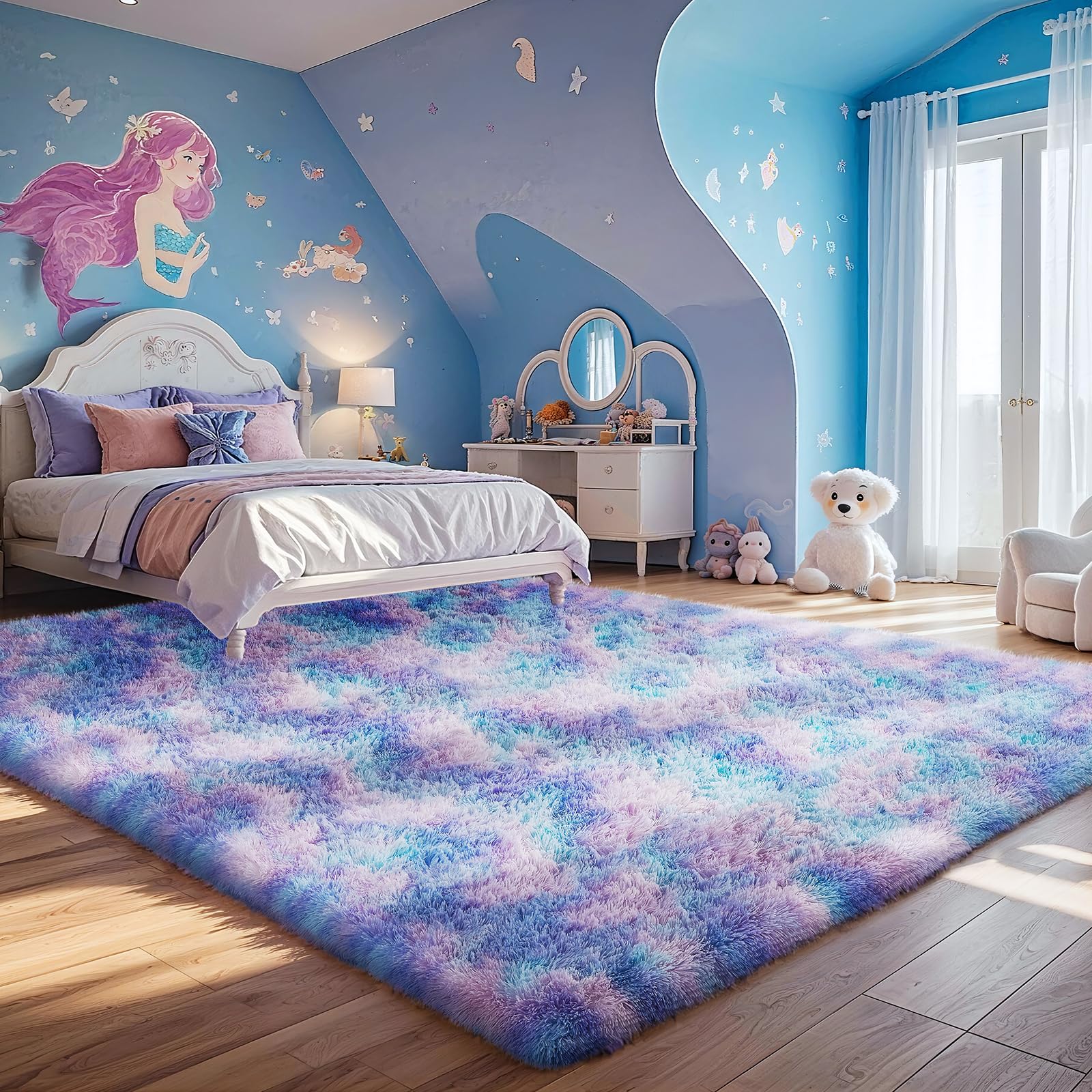 Ophanie Rainbow Purple Mermaid Rugs for Living Room 5x8, Kids Fluffy Shag Fuzzy Plush Soft Carpets, Floor Shaggy Area Rugs for B