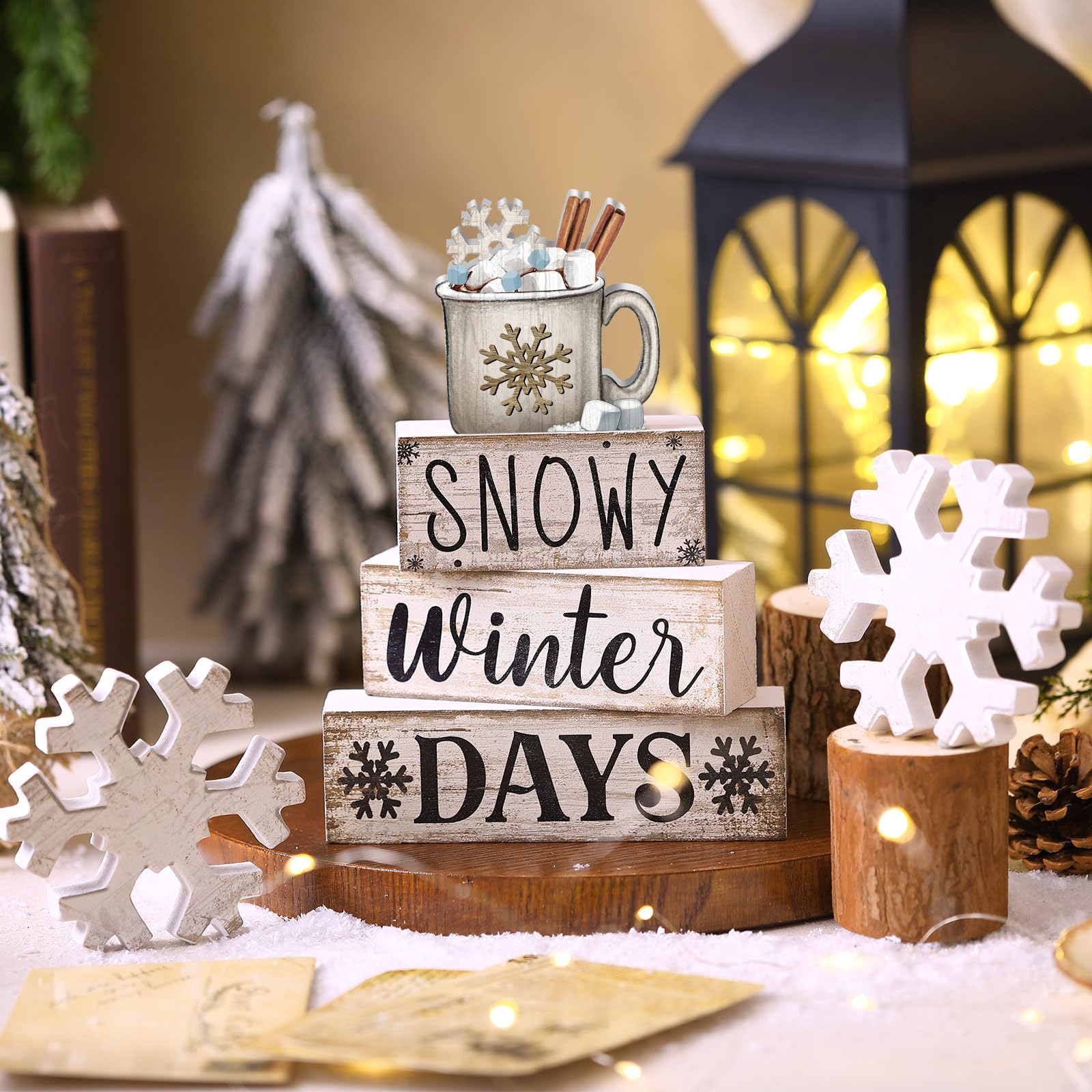 Colingmill 6 Pcs Winter Table Decorations Wooden Hot Cocoa Snowflake Christmas Tiered Tray Decor Christmas Centerpiece Rustic Gi