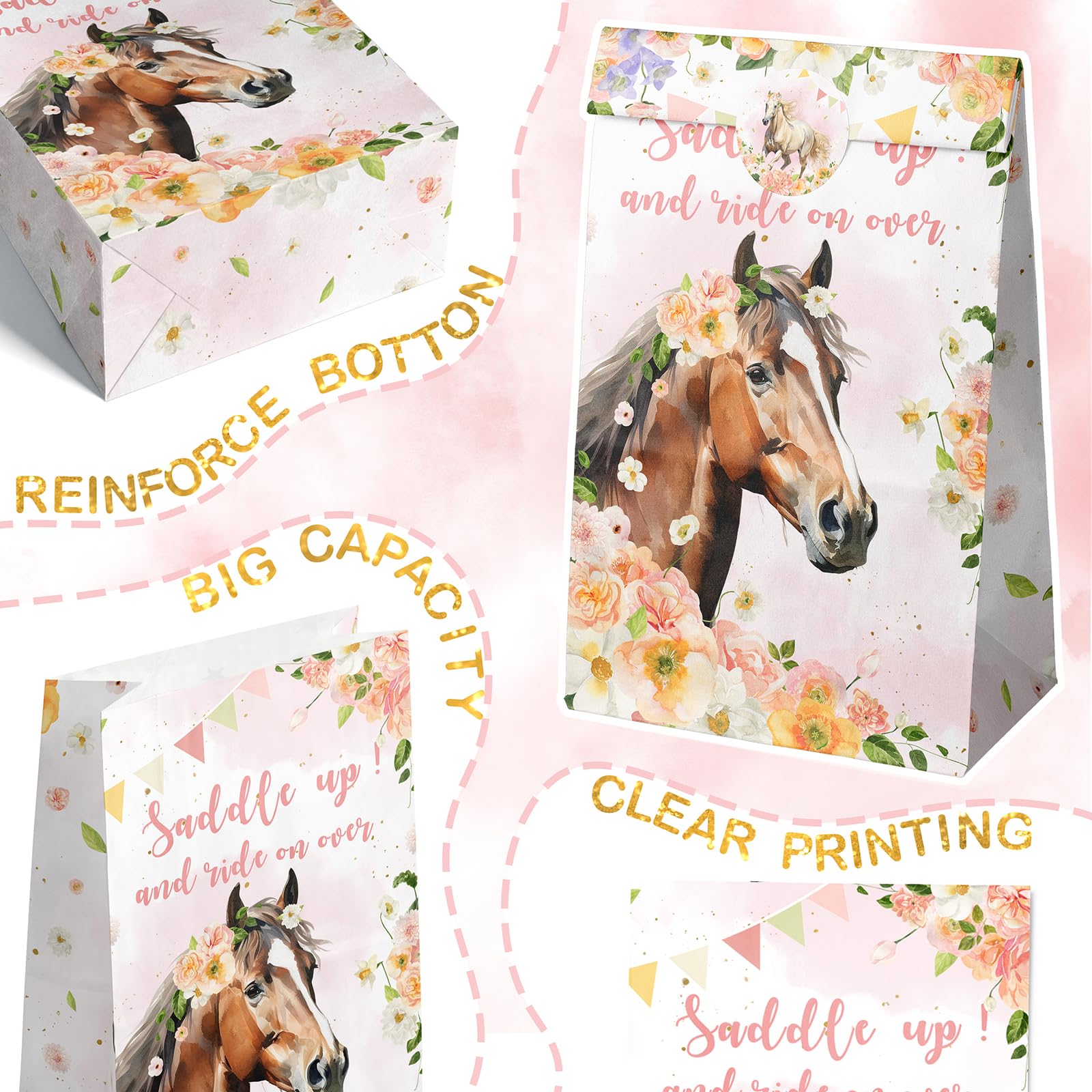 Outego 24 Girl Horse Party Favor Bags With Stickers - Girl Horse Goodie Bags For Kids - Perfect For Horse Themed Birthday Party