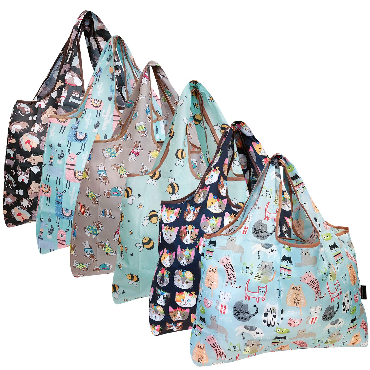 Allydrew Large Foldable Tote Nylon Reusable Grocery Bags, 6 Pack, Animals Oh My!