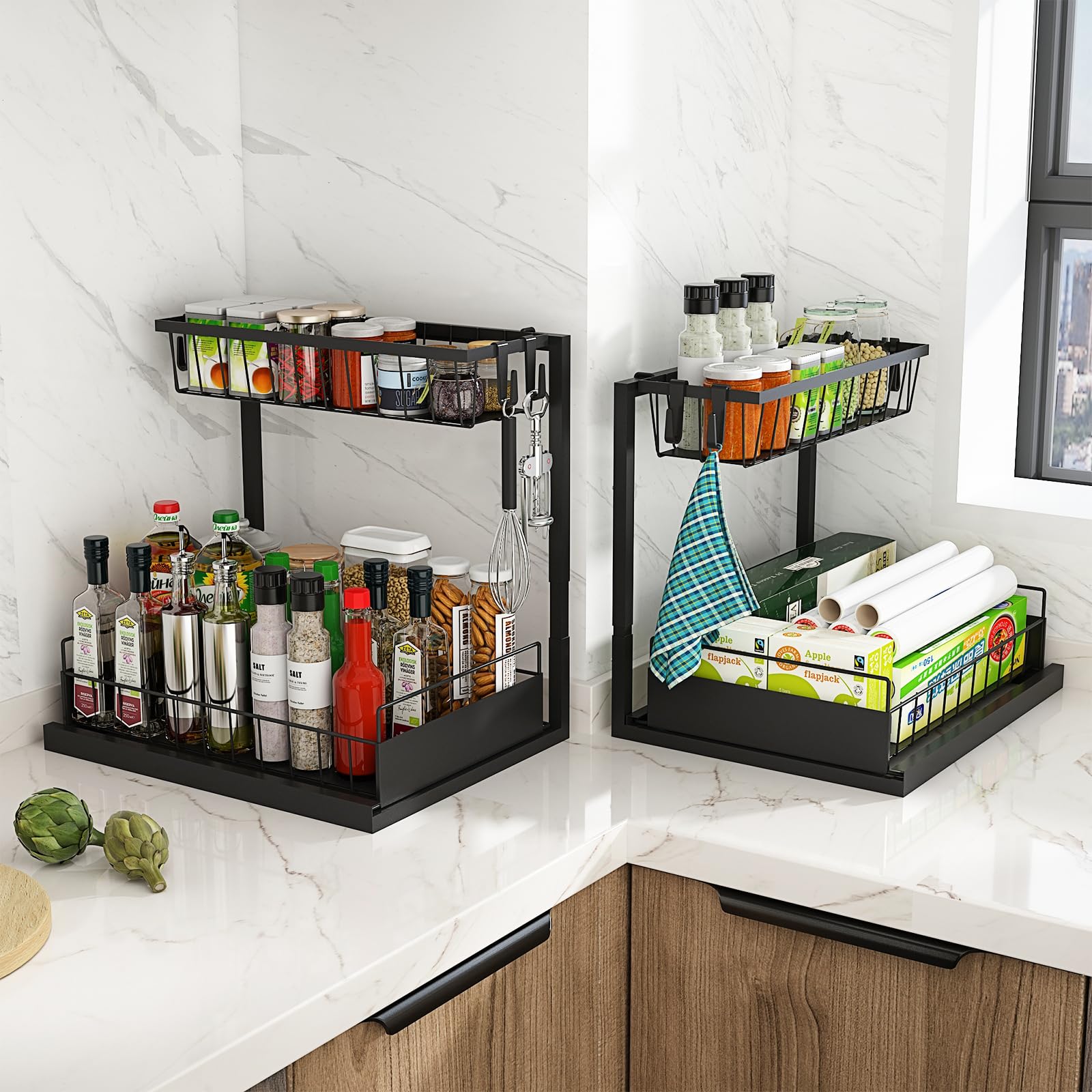 Realinn Under Sink Organizer, 2 Pack Height Adjustable Kitchen Organizers And Storage, 2 Tier Pull Out Sliding Cabinet Organizer