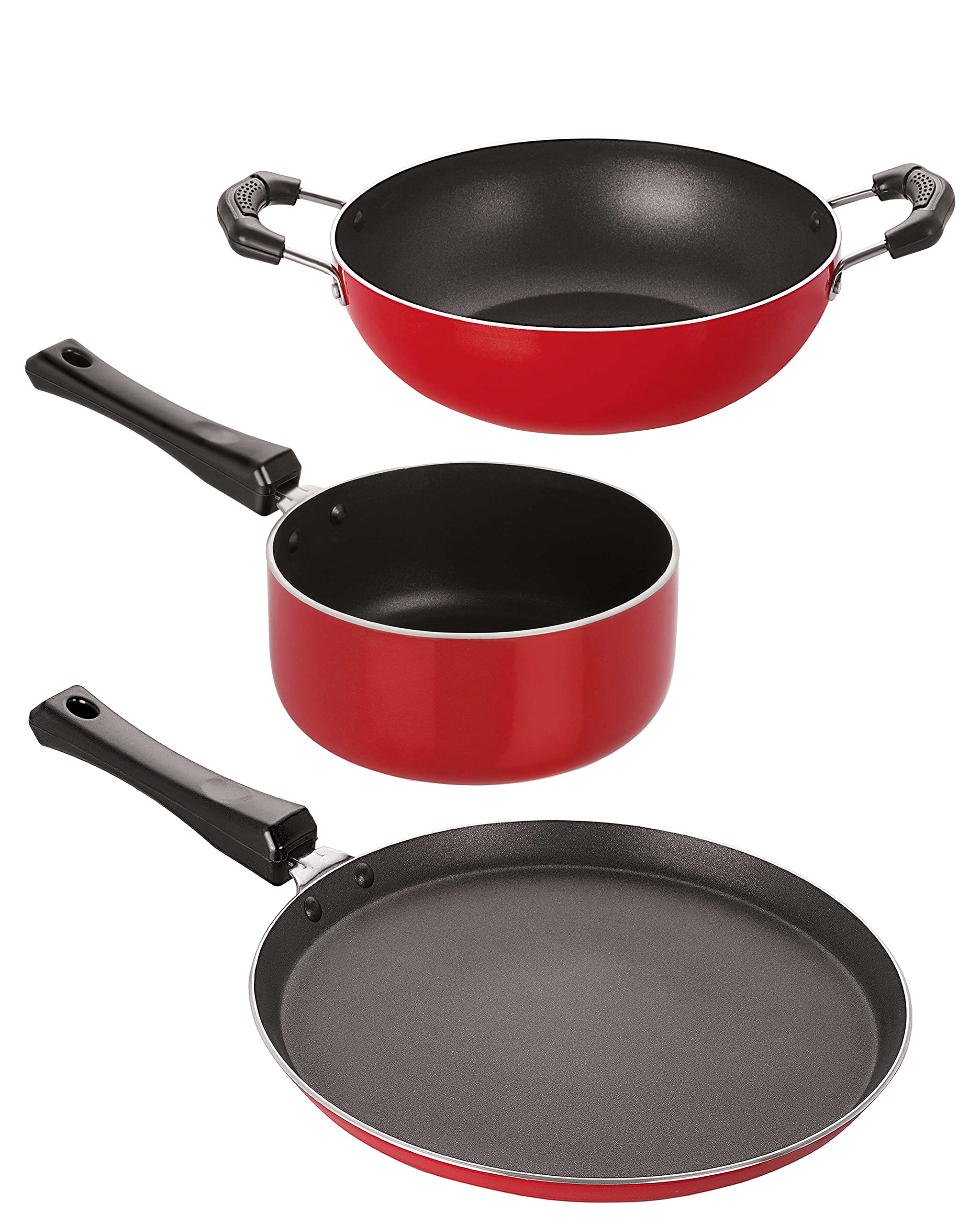 Set Of Tawas & Kadai (Dosa Tawa 27.5Cm, Kadai 1.5Ltr, Sauce Pan Big 1.8L) Aluminium NonStick Red & Black