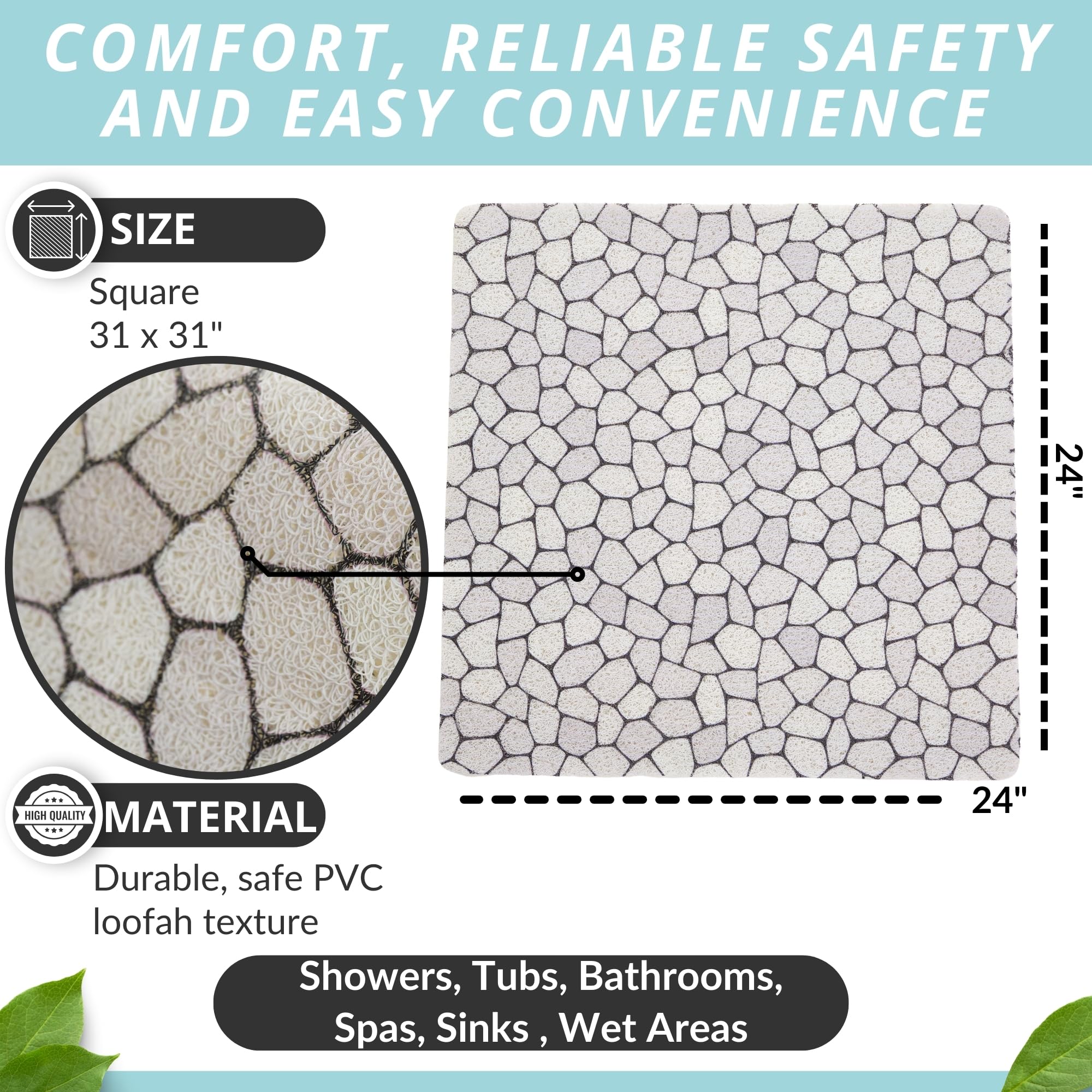 ENKOSI Loofah Shower Mat - Non-Slip PVC Bath Mat 24" x 24" Pebble - Quick Dry with Drain Holes for Kids & Elderly Safety