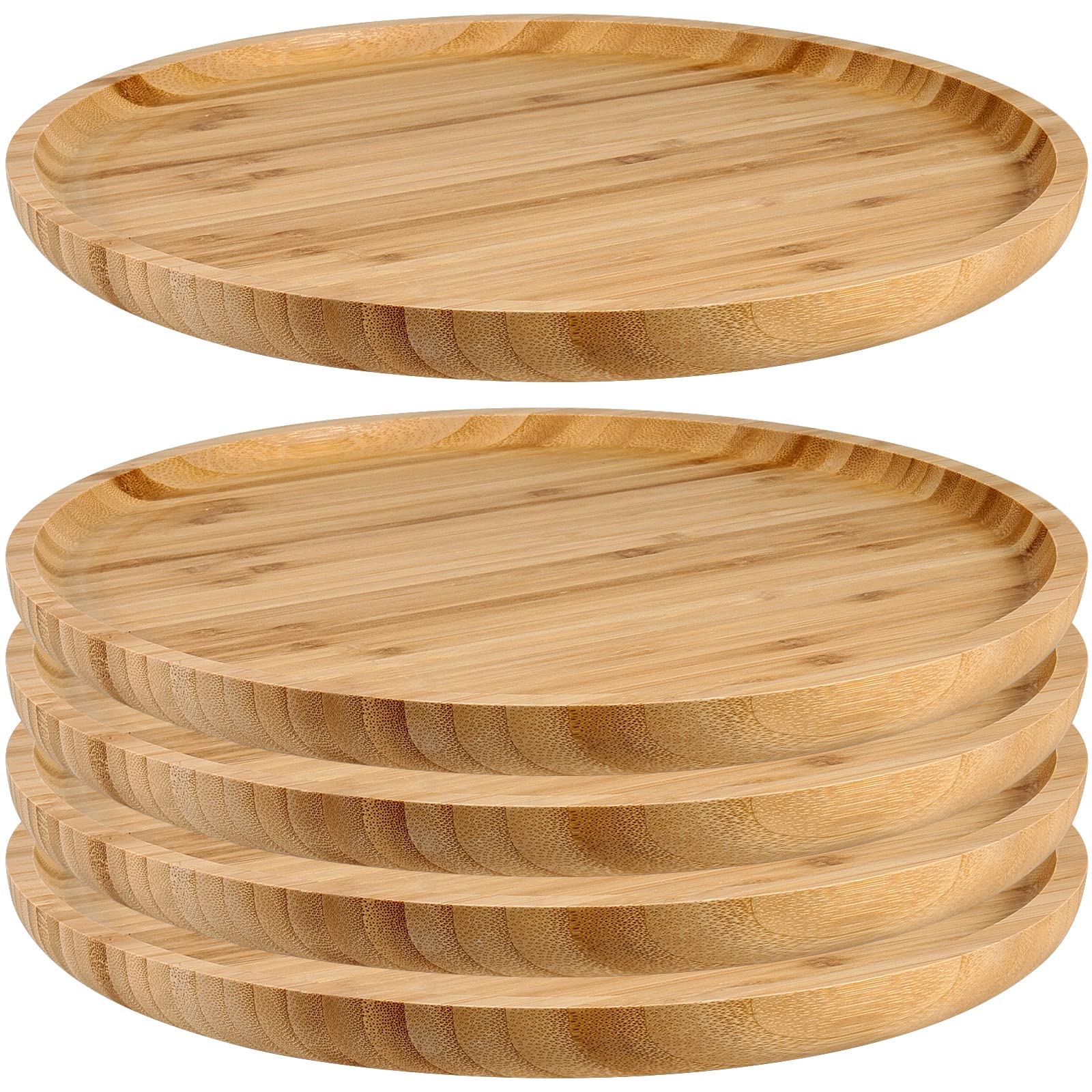 Joikit 5 Pack 12 Inch Bamboo Round Platter, Fine Polished Round Wood Plates Bamboo Serving Tray For Holding Fruit, Bread, Cheese