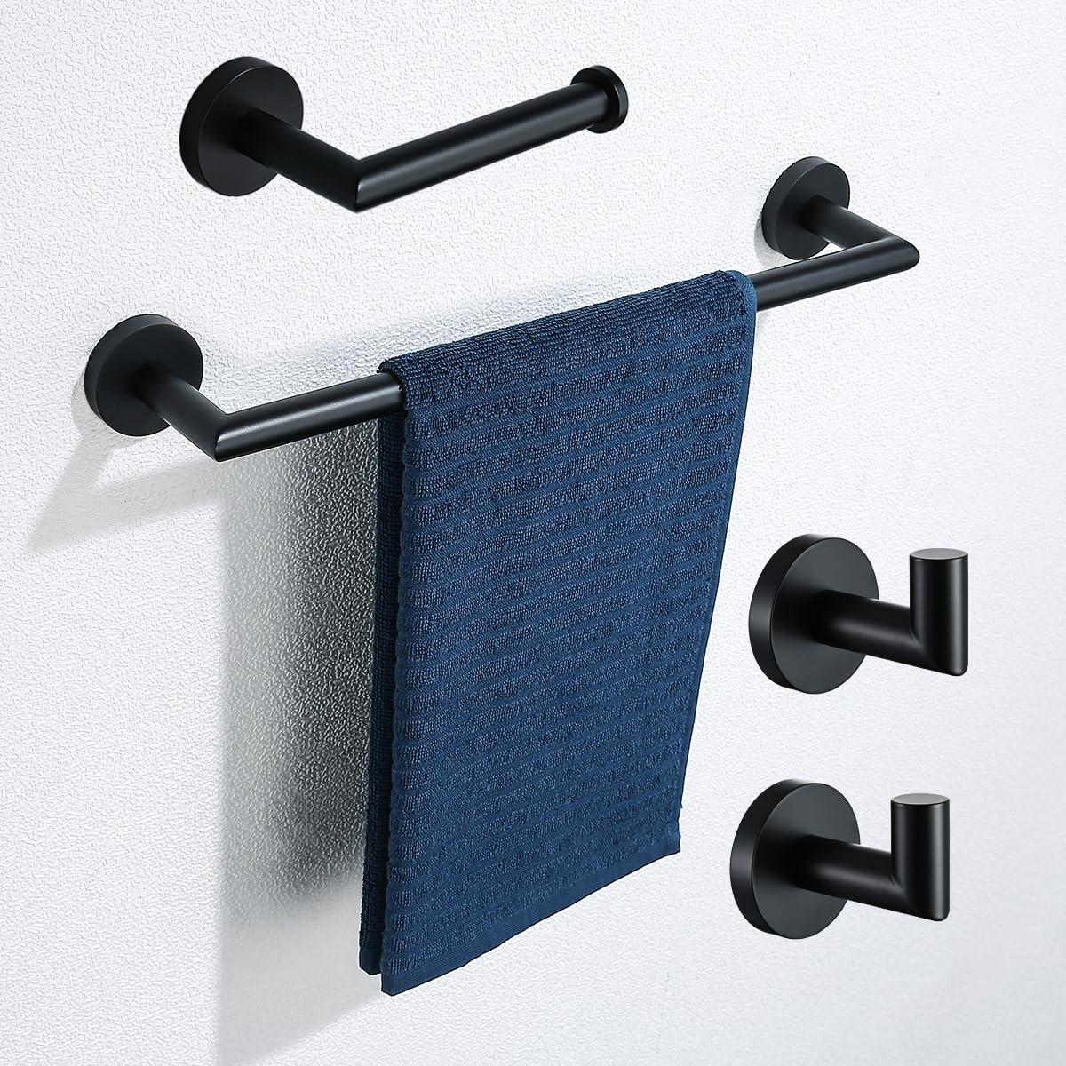 SEABEFORE Matte Black 4 Pieces Bathroom Hardware Accessories Set with 18 Inch Towel Bar,Toilet Paper Holder,Towel Hooks,SUS 304 