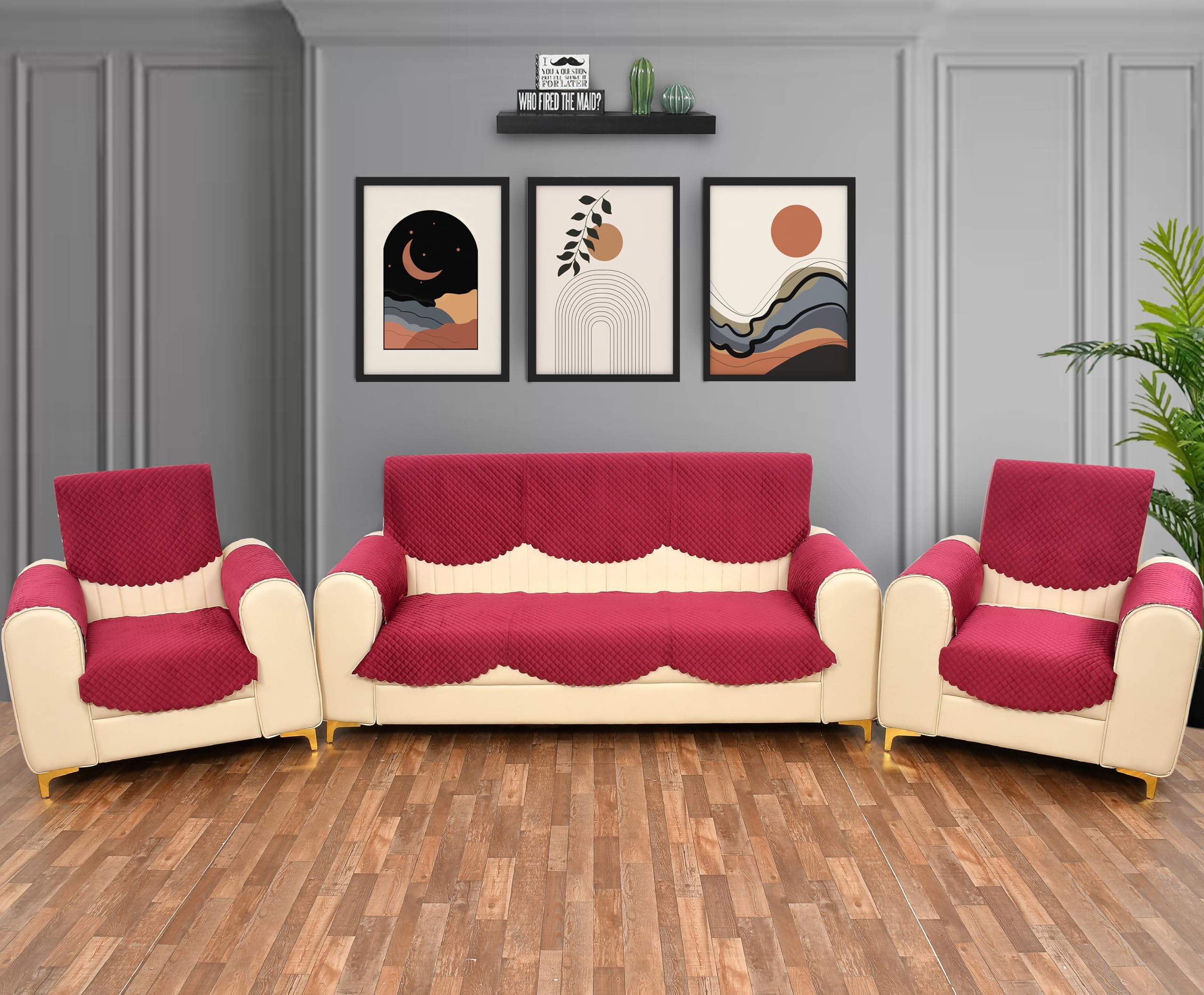 Yellow Weaves 5 Seater Self Design Quilted Sofa Cover And Chair Cover With Arm Cover, Seat & Back Cover, Color - Cardinal Red