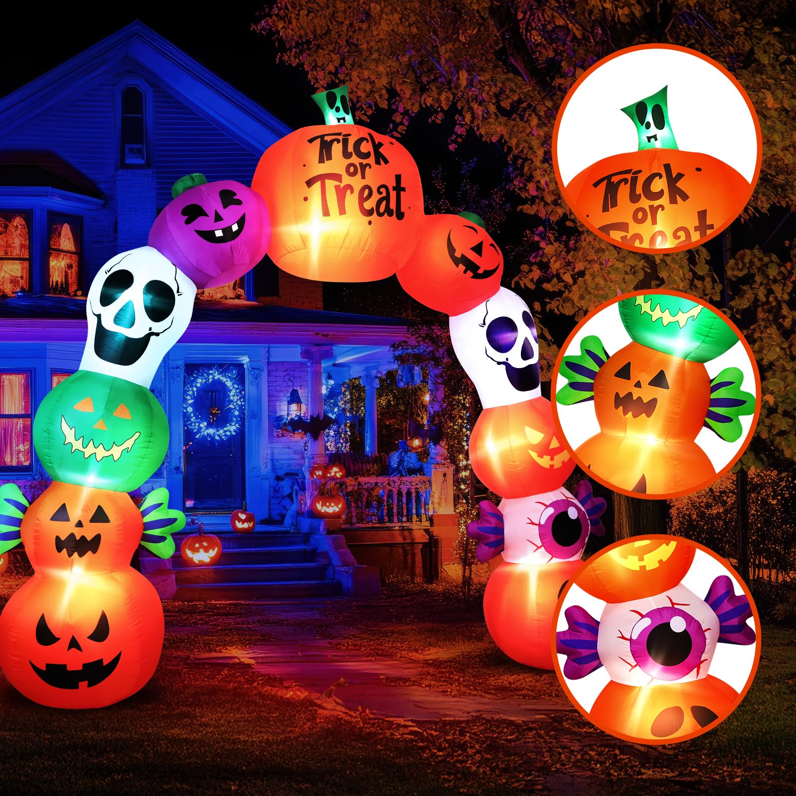 10FT Halloween Inflatables Pumpkin Skeleton Archway with Built-in LED Lights - Blow Up Yard Decoration with Candy Pumpkins for I