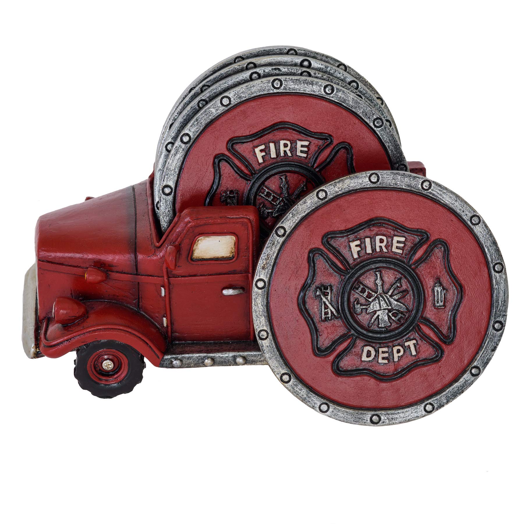 Fire Truck Coaster Set Of 5 - Firefighter Kitchen Table Coasters Set Rustic Home Decor Living Room - Firefighter Coaster Sets Wi