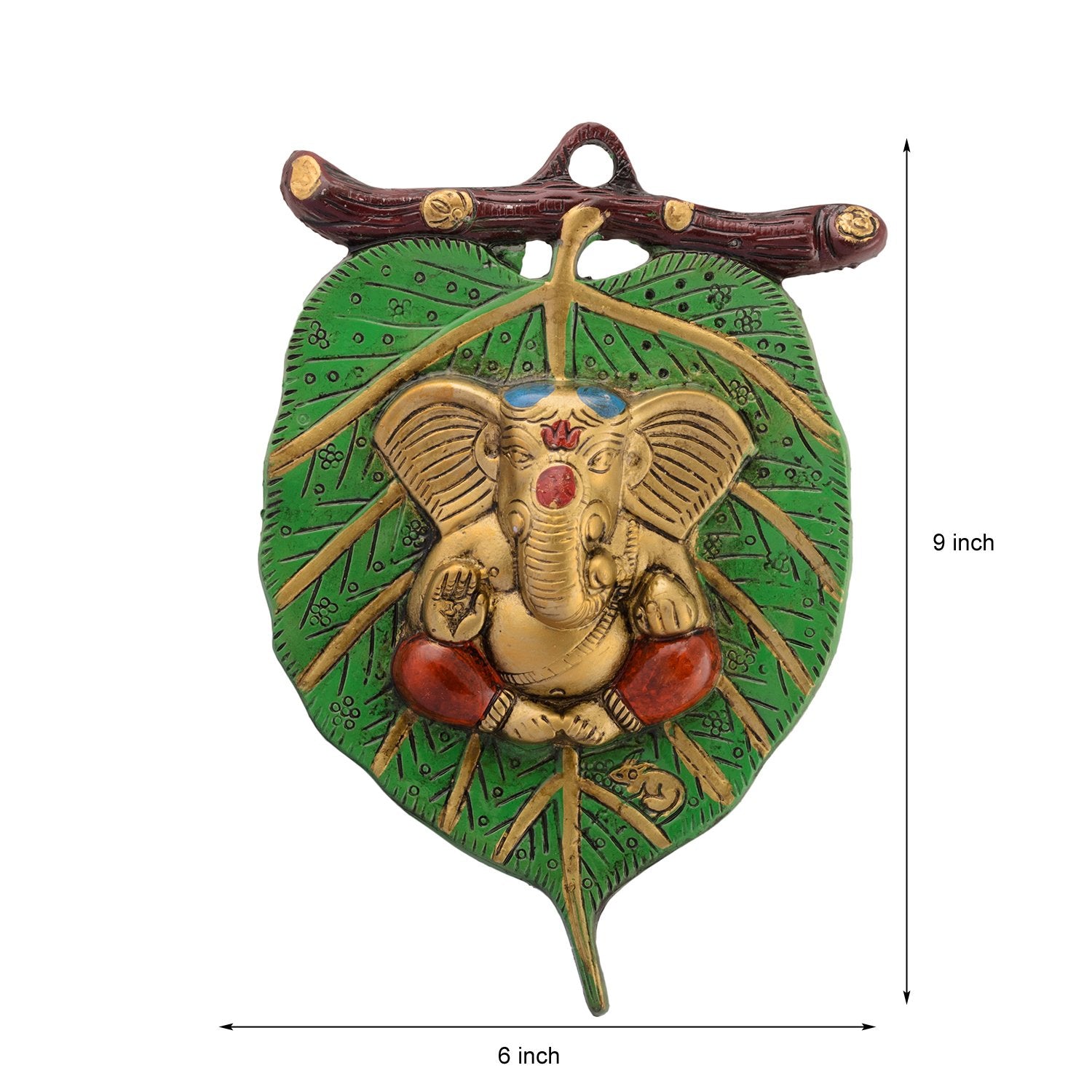 eCraftIndia Golden Metal Lord Ganesha in Red Dhoti on Green Leaf Wall Hanging Decorative showpiece for Home Decor, Wall Decor, P