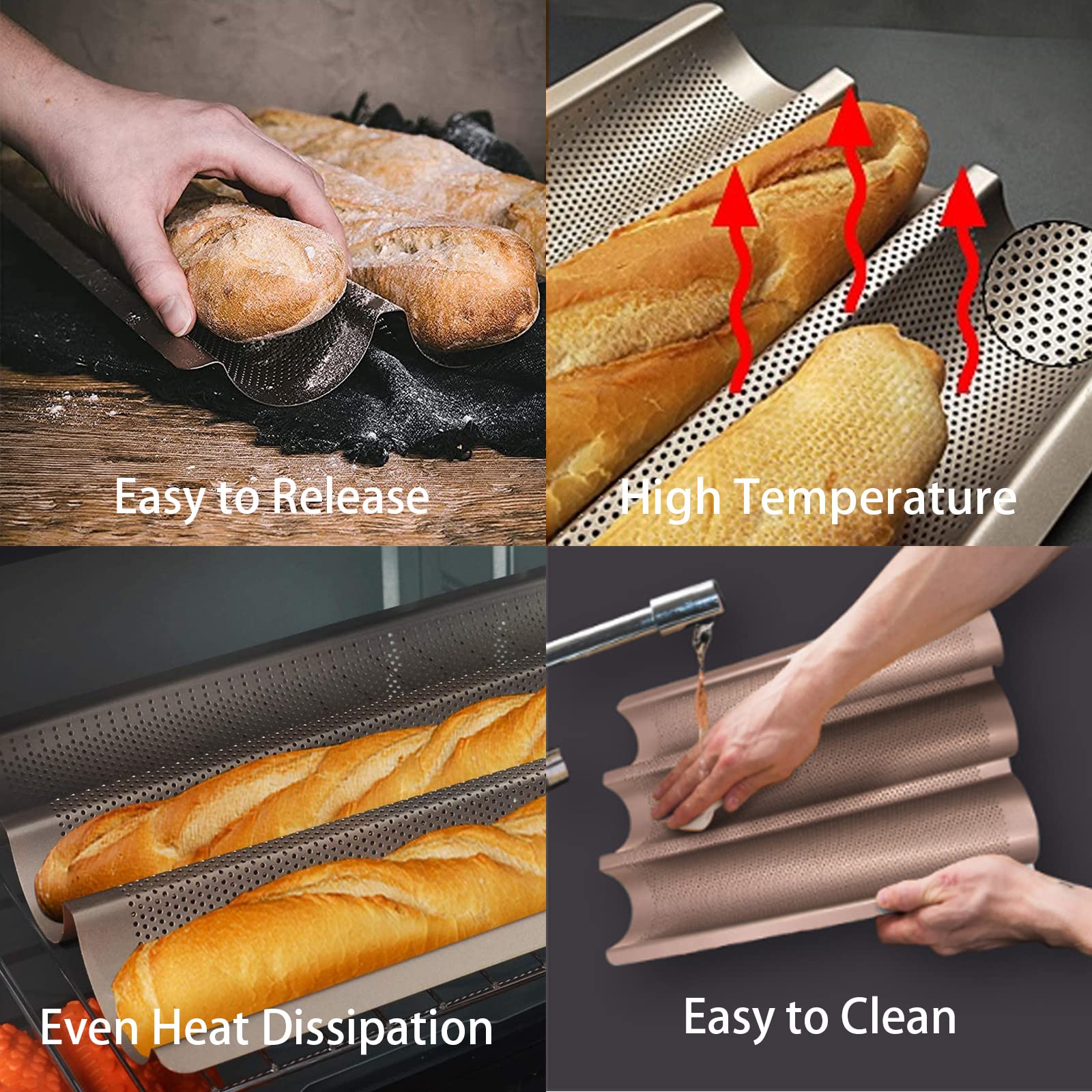 Hesanzol Baguette Pans For Baking 15'' X 11'', Carbon Steel 3 Loaf Nonstick Baguette Baking Tray For French & Italian Perforated