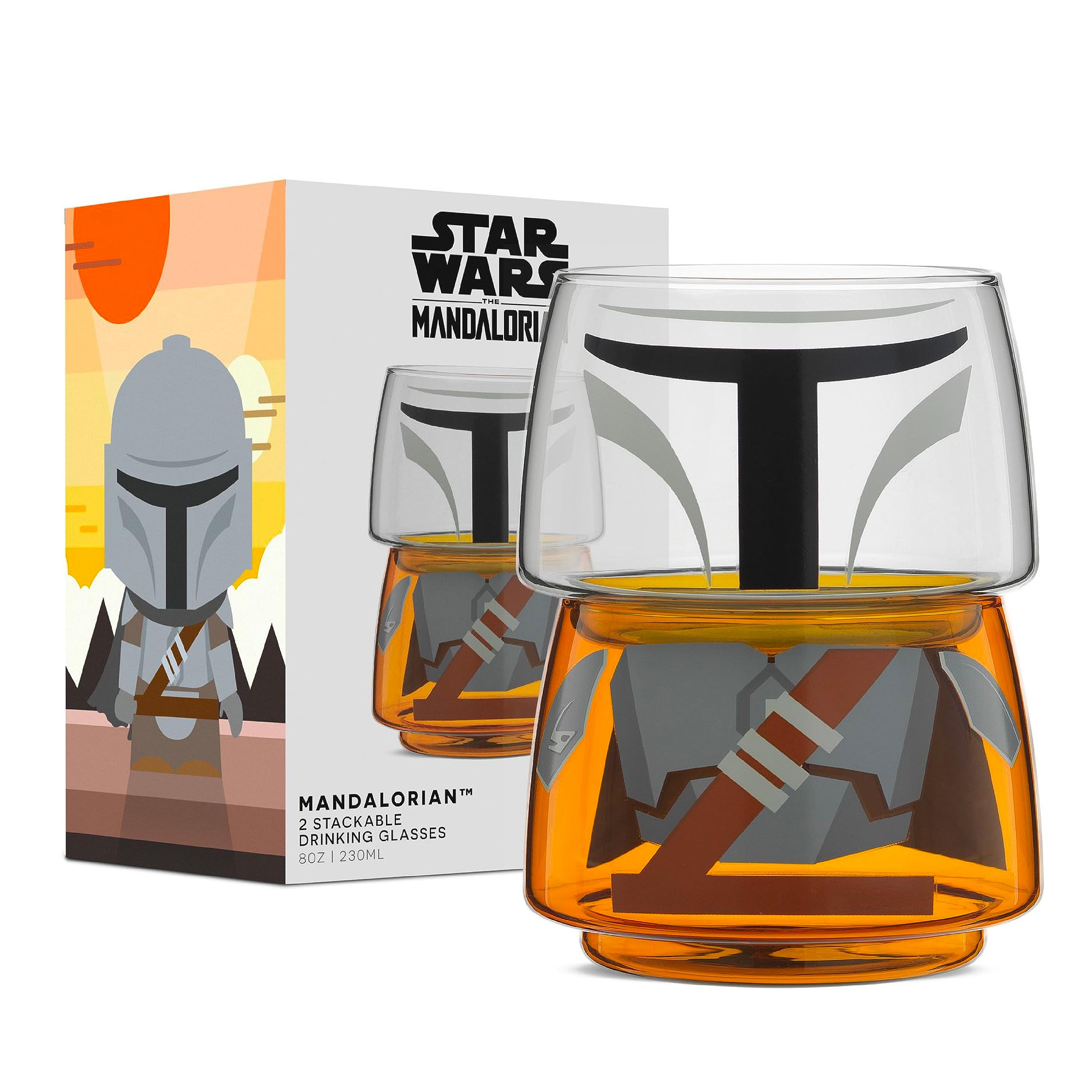 JoyJolt Character Stackable Star Wars Drinking Glasses - 8oz Mandalorian Glass Cups, Head and Body - Set of 2 for Bar, Kitchen -