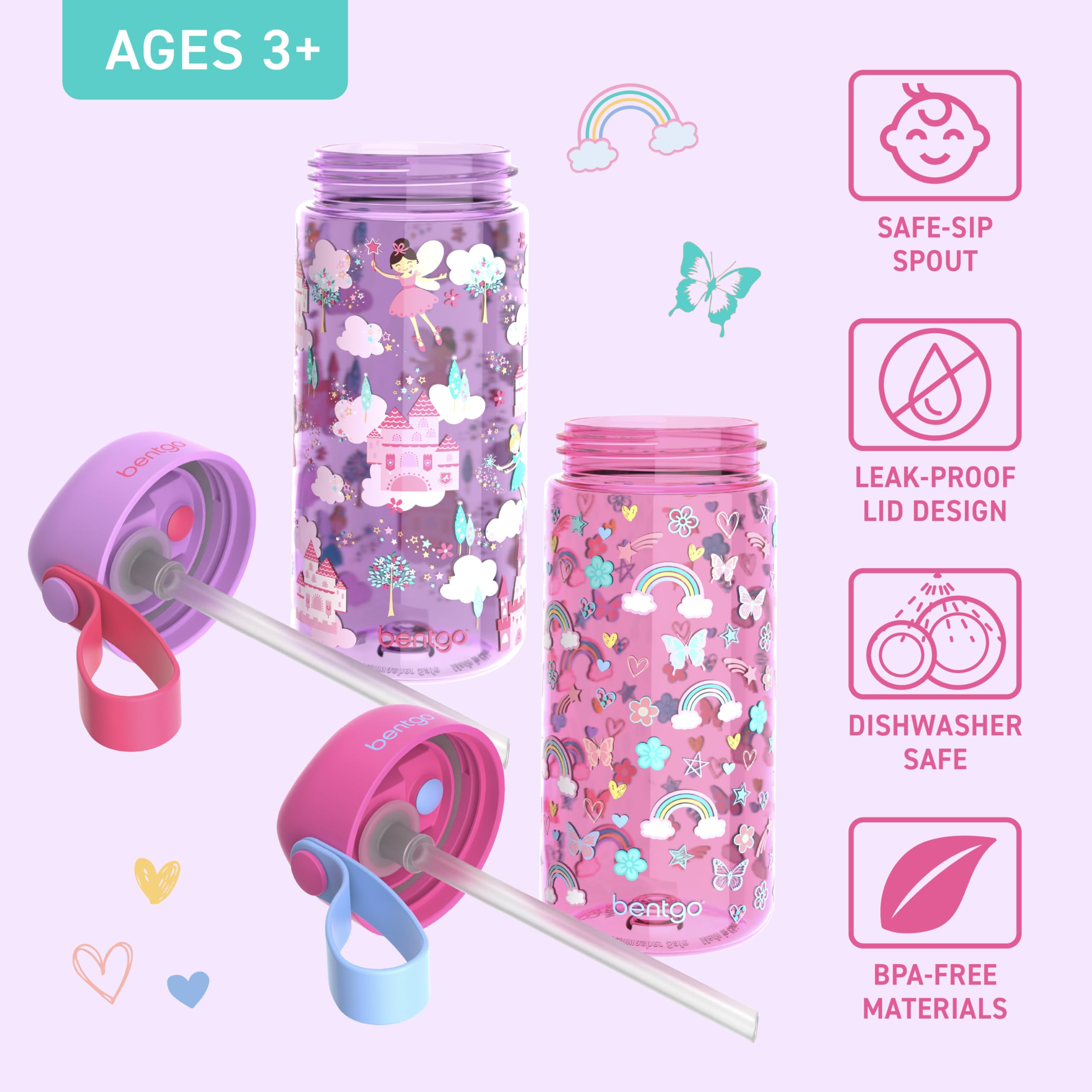 Bentgo Kids Water Bottle 2-Pack - New  Improved 2023 Leak-Proof BPA-Free 15 oz Cups for Toddlers & Children Flip-Up Safe-Sip Straw School  Sports  Daycare  Camp (Rainbows Butterflies/Fairies)