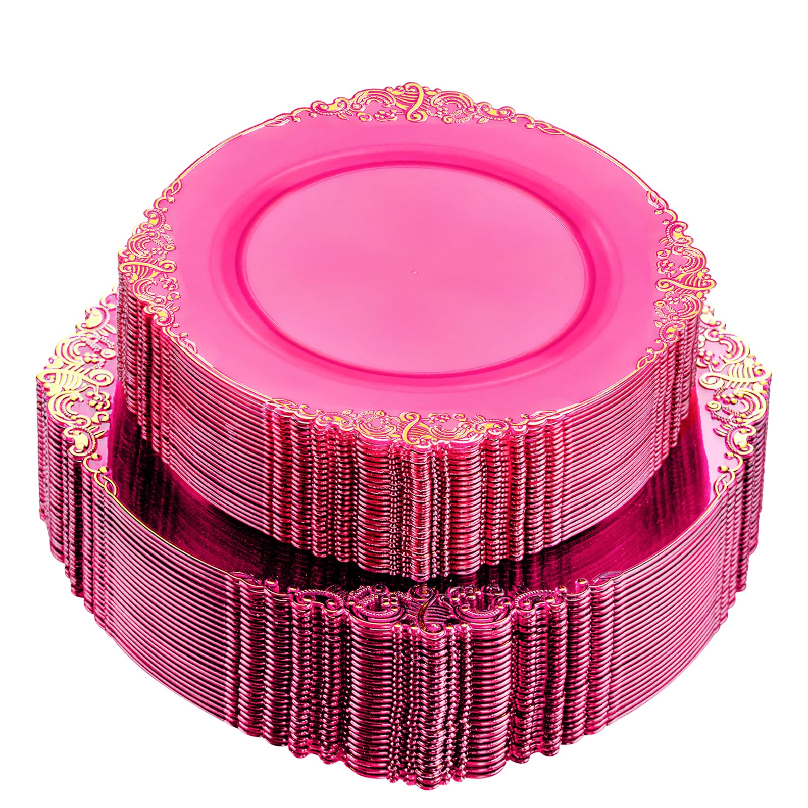 Joyido 102Pcs Hot Pink Plastic Plates - Pink Disposable Plates With Gold Rim - Hot Pink Party Plates Include 51Pcs 7.5Inch Desse