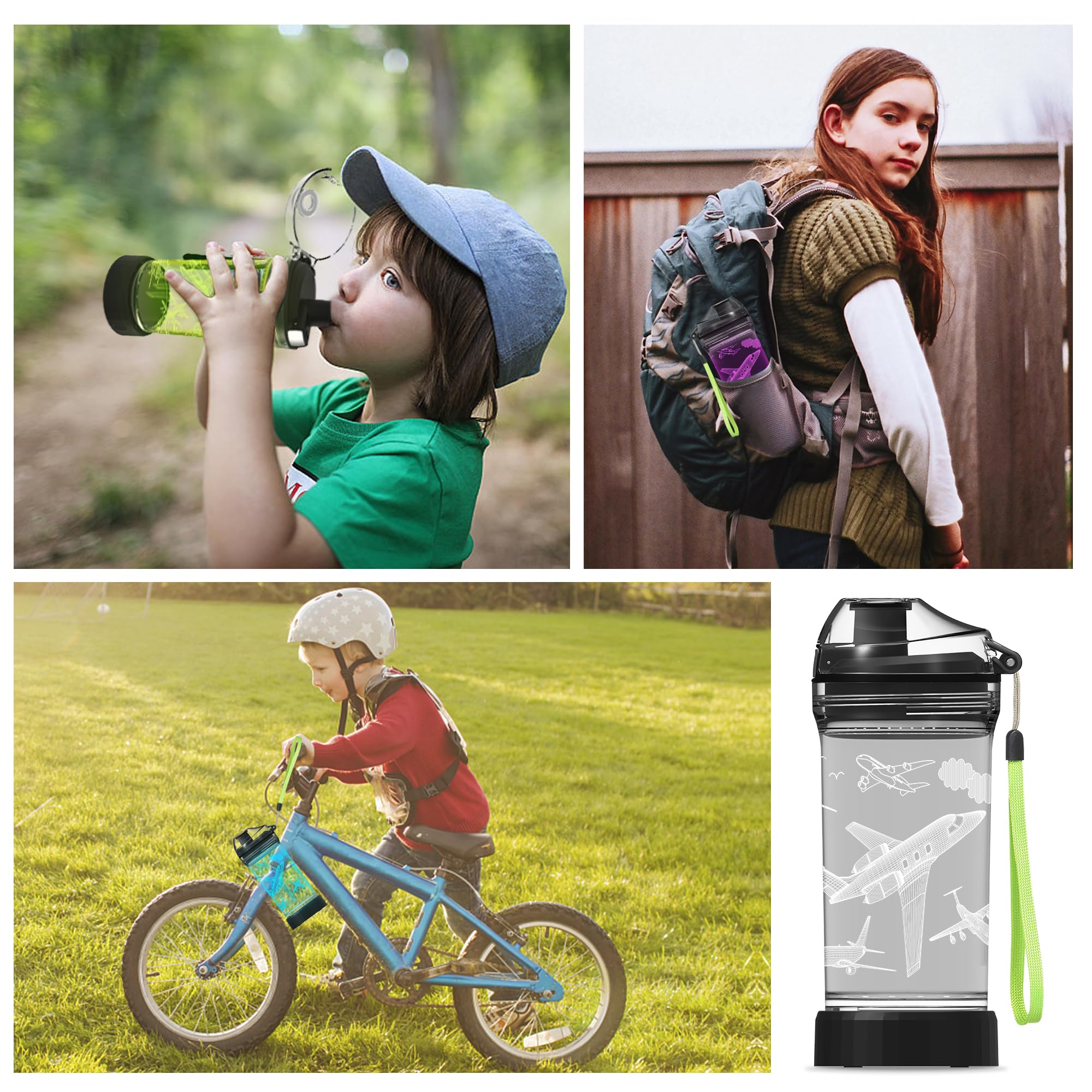 Kids Water Bottle, Airplane-themed Light-Up Sport Cup with 3D Glowing LED Airplane Light - 14 OZ Tritan BPA-Free - Gifts for Sch