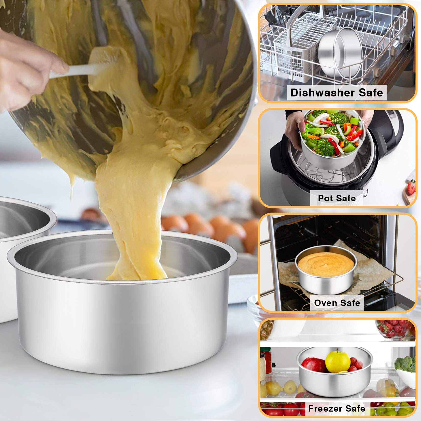 2 Pcs 6 Inch Deep Cake Pan Set  P&P CHEF 6'' x 2.95'' Stainless Steel Round Baking Pans  for Birthday Wedding Christmas  Non Toxic & Healthy  One-piece Construction & Deep Side  Oven & Dishwasher Safe