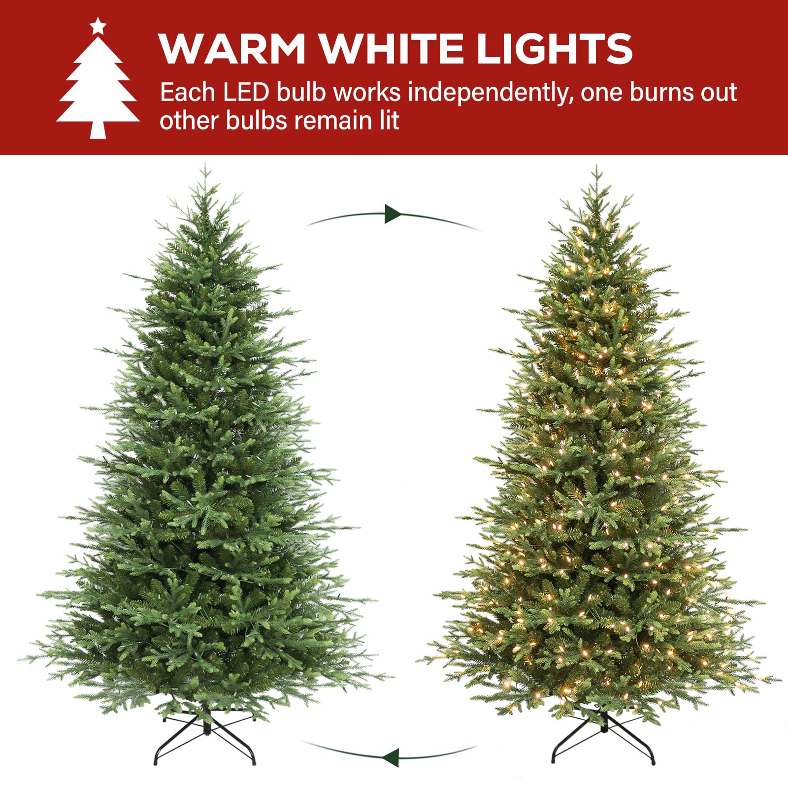 Hykolity 7.5 ft Prelit Artificial Christmas Tree, 2933 PE&PVC Branch Tips, 450 Warm White LED Lights, Metal Stand and Hinged Bra
