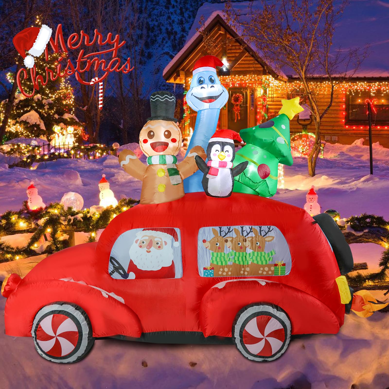 Risenor 7.5 FT Long Christmas Inflatables Gingerbread Man Penguin Dinosaur with Xmas Tree and Santa Outdoor Decorations, Inflata