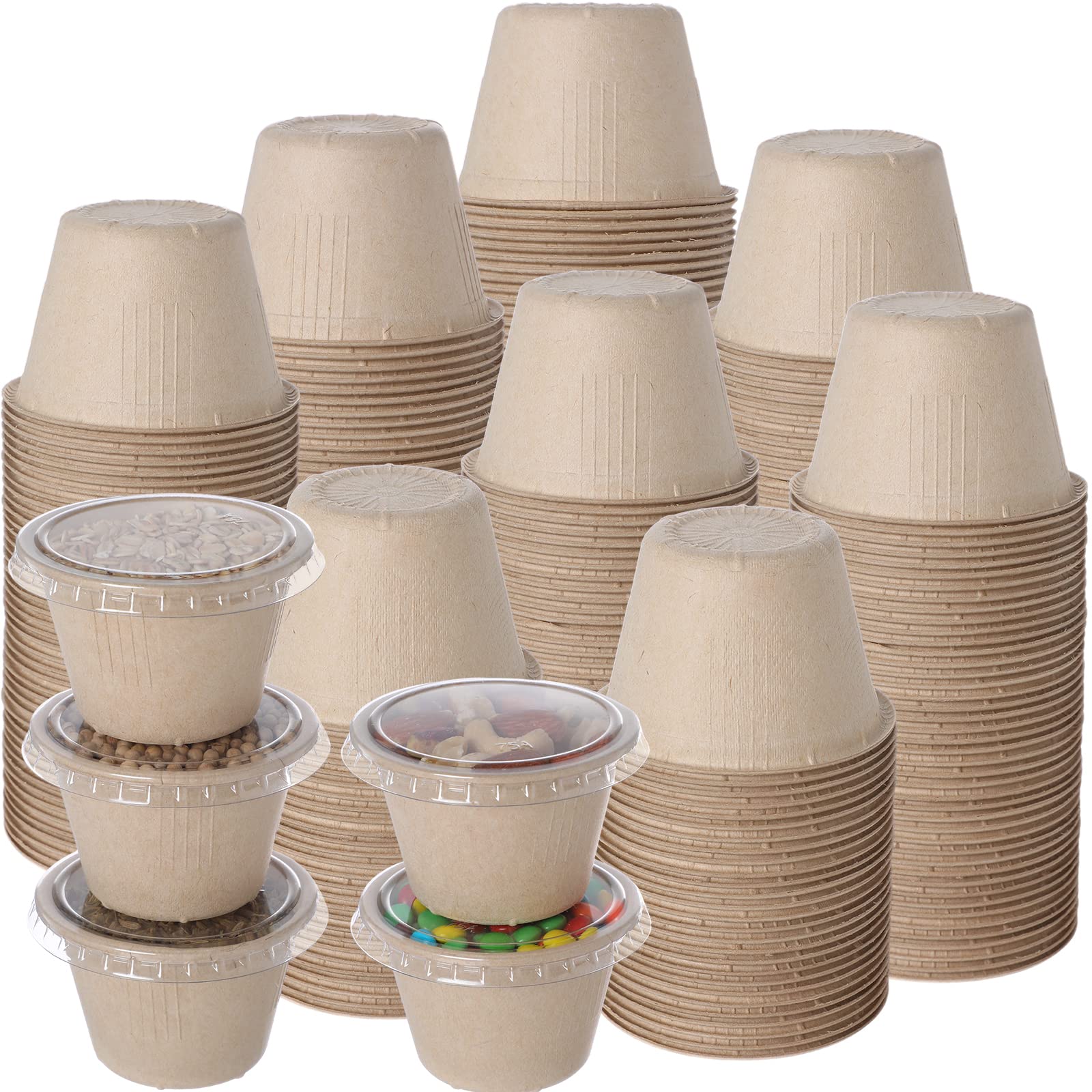 Norme 100 Pack 4oz Disposable Condiment Portion Cups with Lids Bagasse Fiber Souffle Cups Snack Small Sauce Containers with Lids