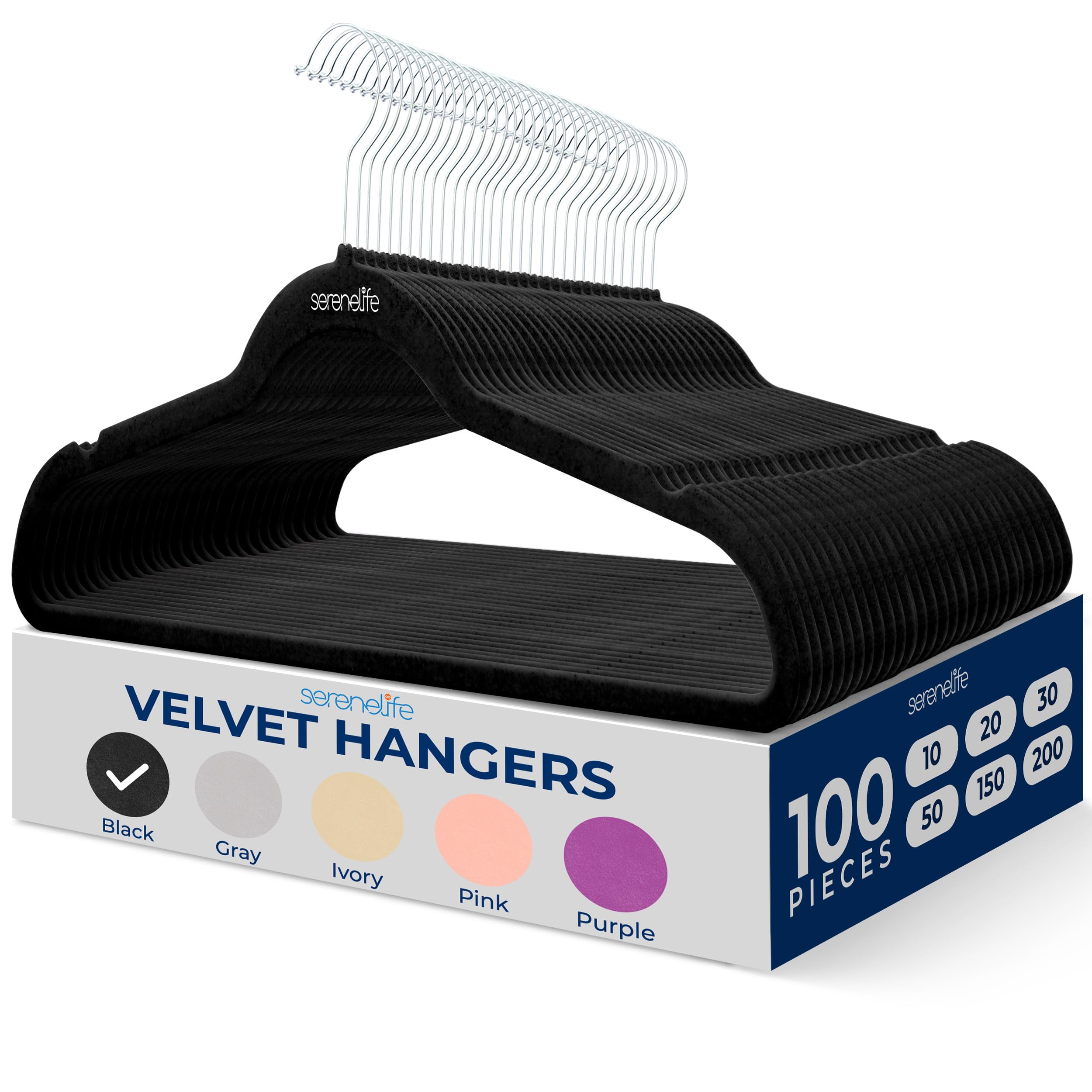 SereneLife Premium Non-Slip Velvet Hangers - Space Saving Heavy Duty Slim Suit Clothes Hanger Set with 360 Degree Swivel Metal Hook  Can Hold Up to 10 Lbs. For Coats  Jackets  Pants & Dress (100-Pack)