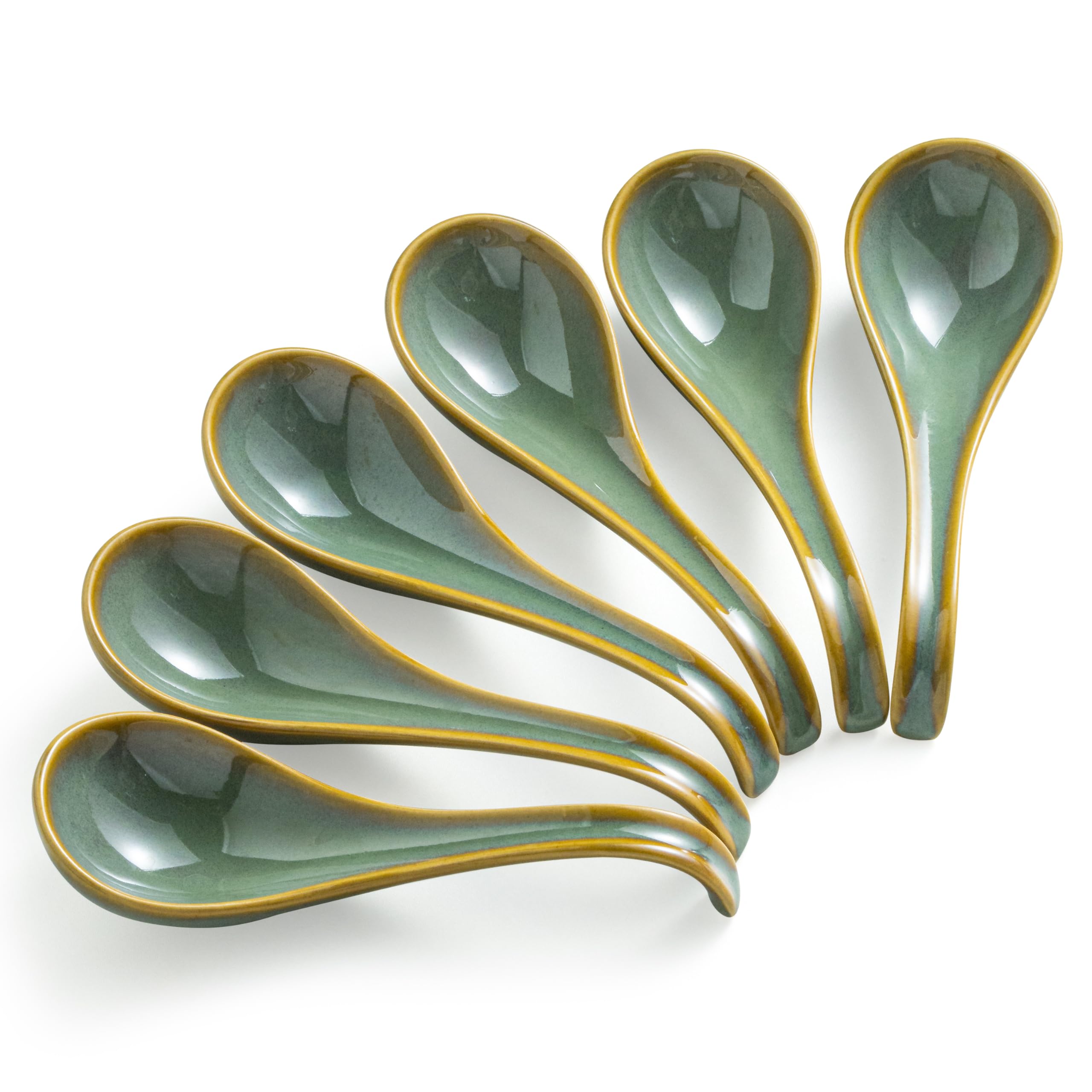 Gomakren Asian Soup Spoons Set of 6, 6.5in Ceramic Ramen Spoons, BlueGreen