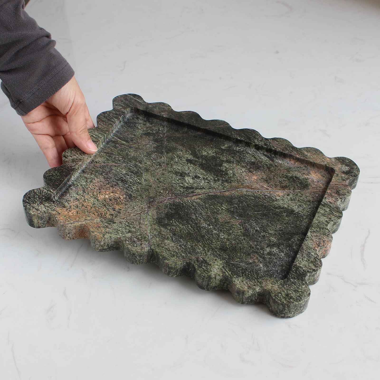 Natural Luxury Scalloped Marble Tray 10.8''X8'', Green Rectangle Vanity Tray For Bathroom Kitchen Counter, Decorative Tray For D