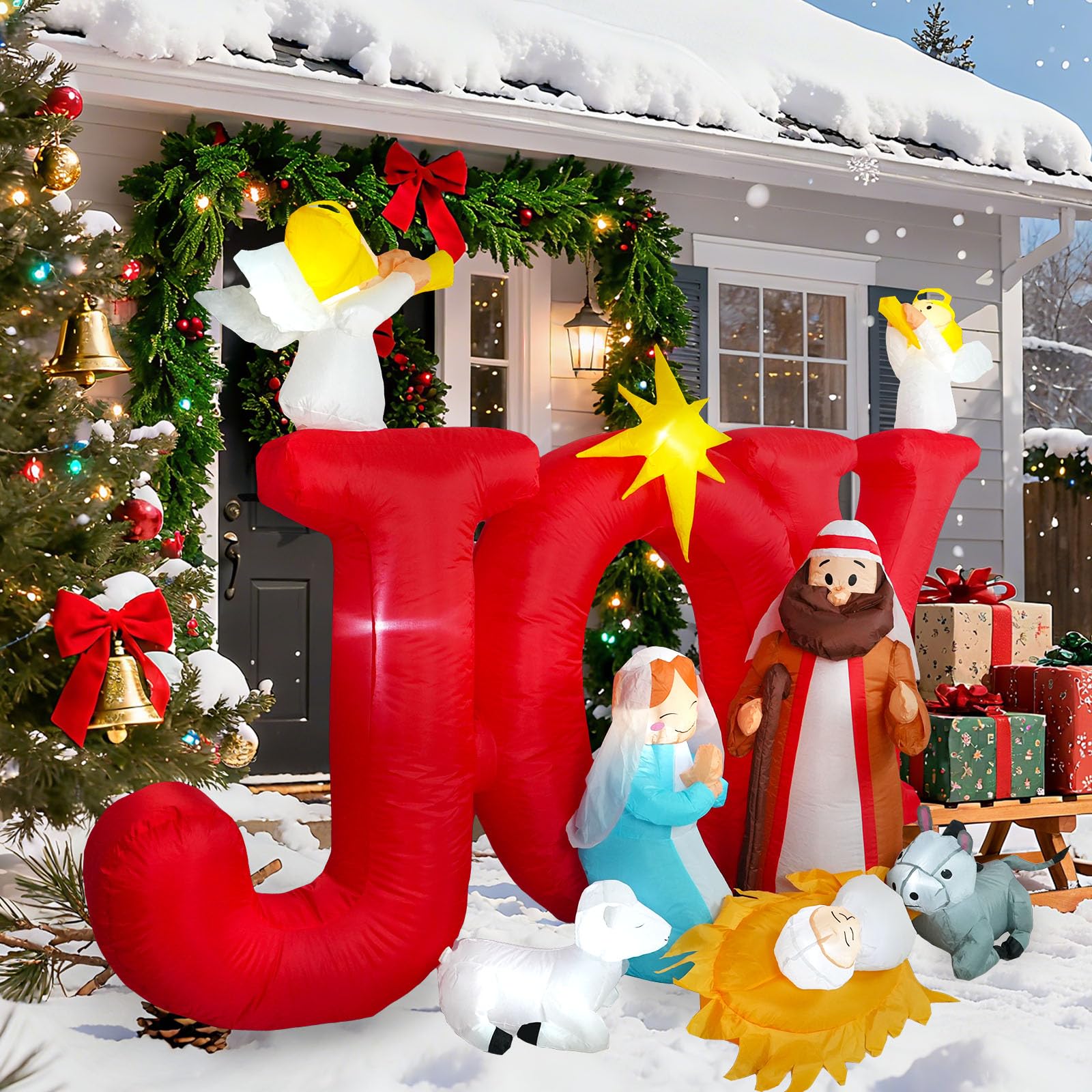 8 FT Christmas Inflatables Nativity Scene Outdoor Decoration for Yard, Christian Christmas Decorations Nativity Set Outdoor, Joy