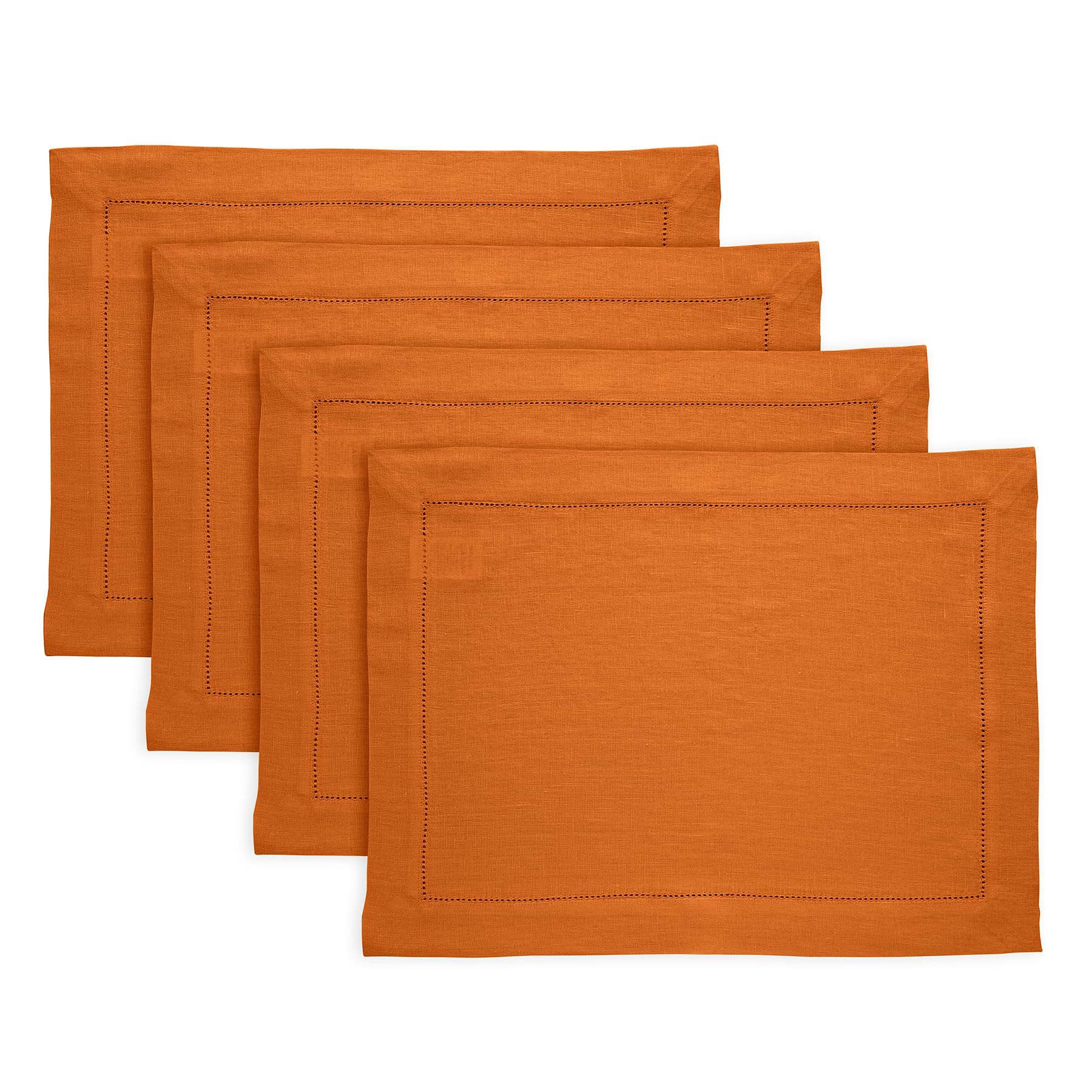 Solino Home Linen Placemats 19'' L X 14'' W Inch - 100% Pure Linen Prewashed Pumpkin Cloth Placemats Set Of 4 - Sonoma Hemstitch