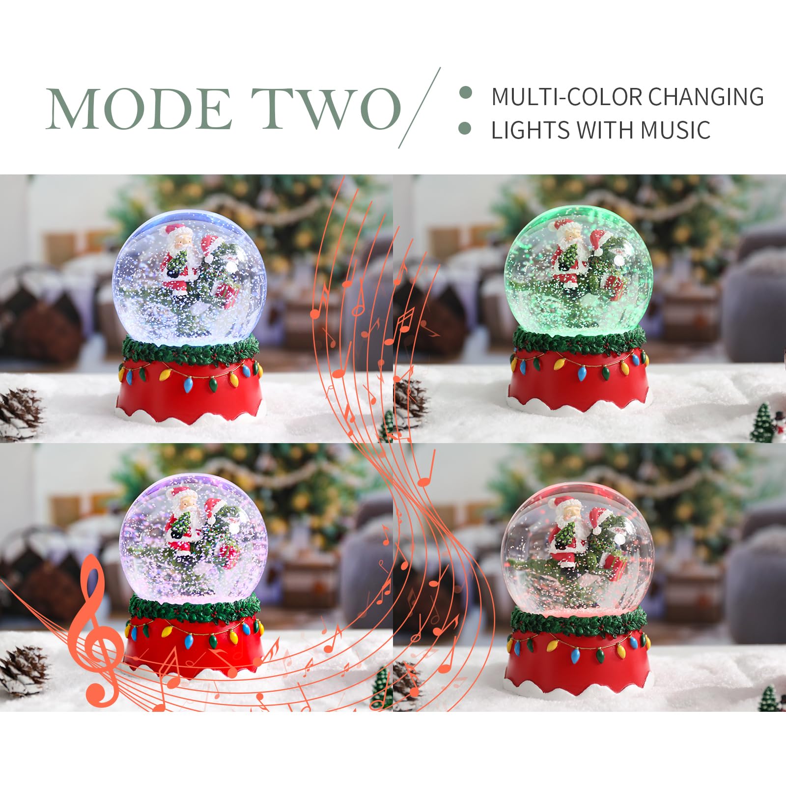 Christmas Snow Globe with Santa and Dinosaur, 3.9x3.9x5.1 Inch LED Light-Up and Music, Battery Operated Holiday Decoration - Fes