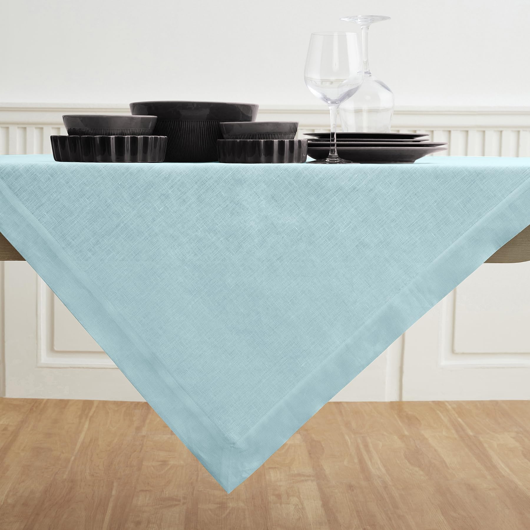 Solino Home Aqua Blue Linen Square Tablecloth 52 X 52 Inch - Fete, 100% Pure Linen Table Throw - Machine Washable Tablecloth For