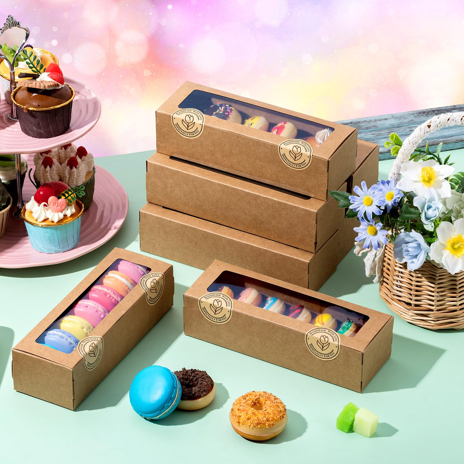 Sherr 50 Pcs Brown Macaron Boxes with Window, Cookies Boxes with 200 Pcs Stickers Long Bakery & Dessert Gifts Containers for Don