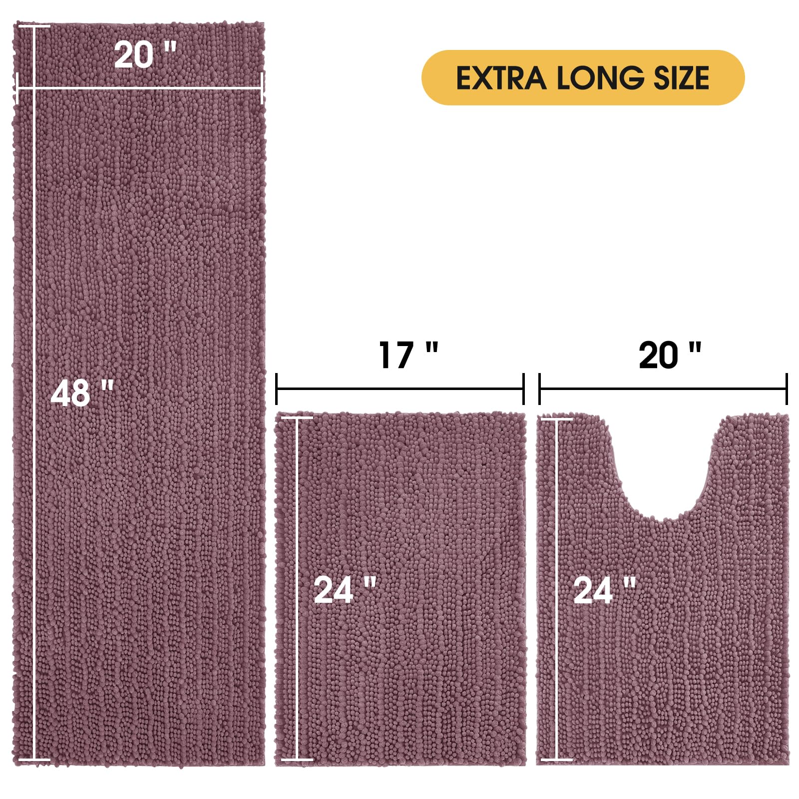Accumtek Upgrade Extra Large Mauve Bathroom Rug Set 3 Pieces Ultra Soft, Thick Absorbent Bath Mats, Non Slip Chenille Toilet Mat