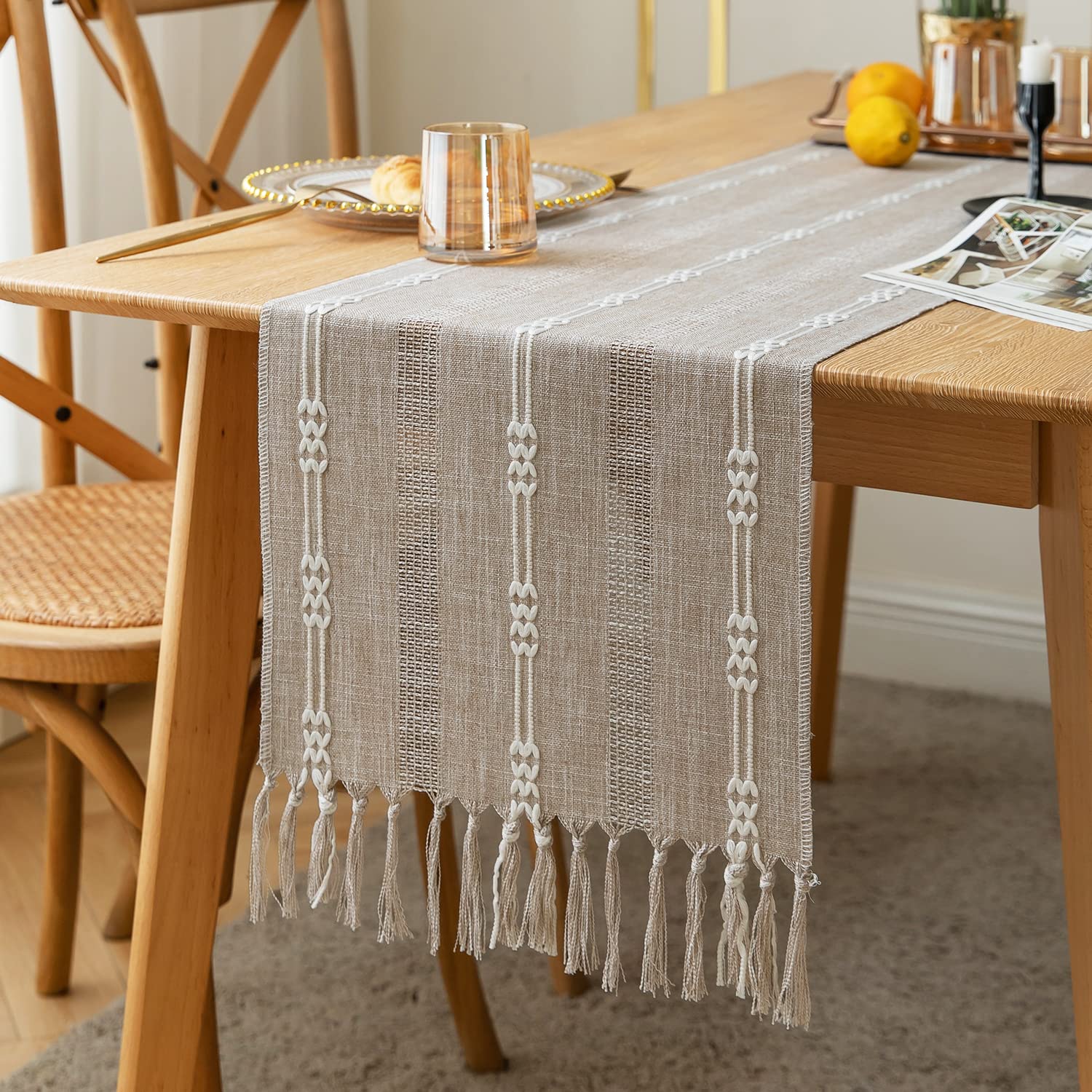 Zeemart Farmhouse Table Runner, Rustic Table Runners 48 Inches Long, Linen Boho Table Runner, Braided Striped Coffee Table Runne