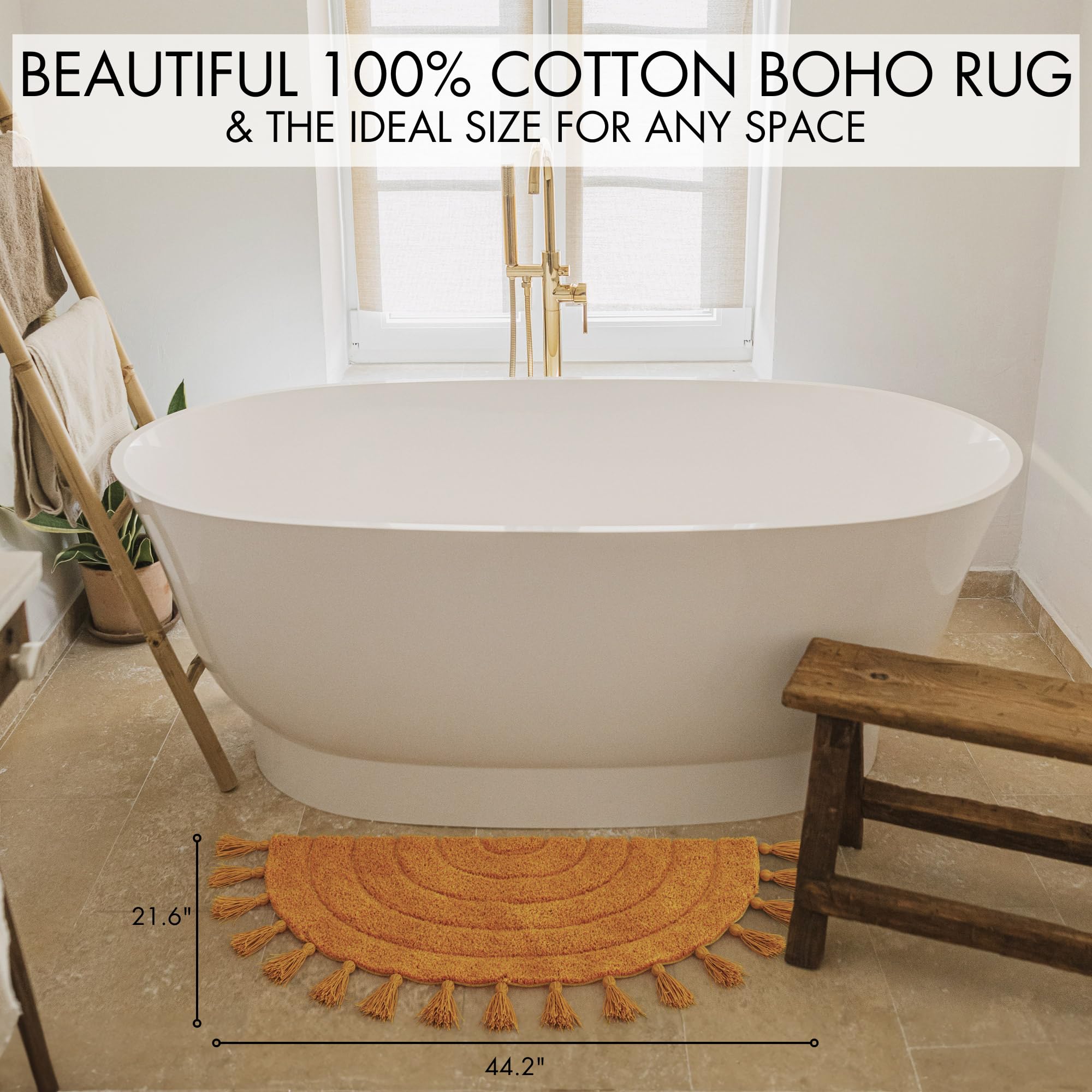 Beautiful Boho Rug With Tassels For Your Bathroom - Soft Half Circle 100% Cotton Mat Fits Perfectly Into Your Home - A Cute, Non
