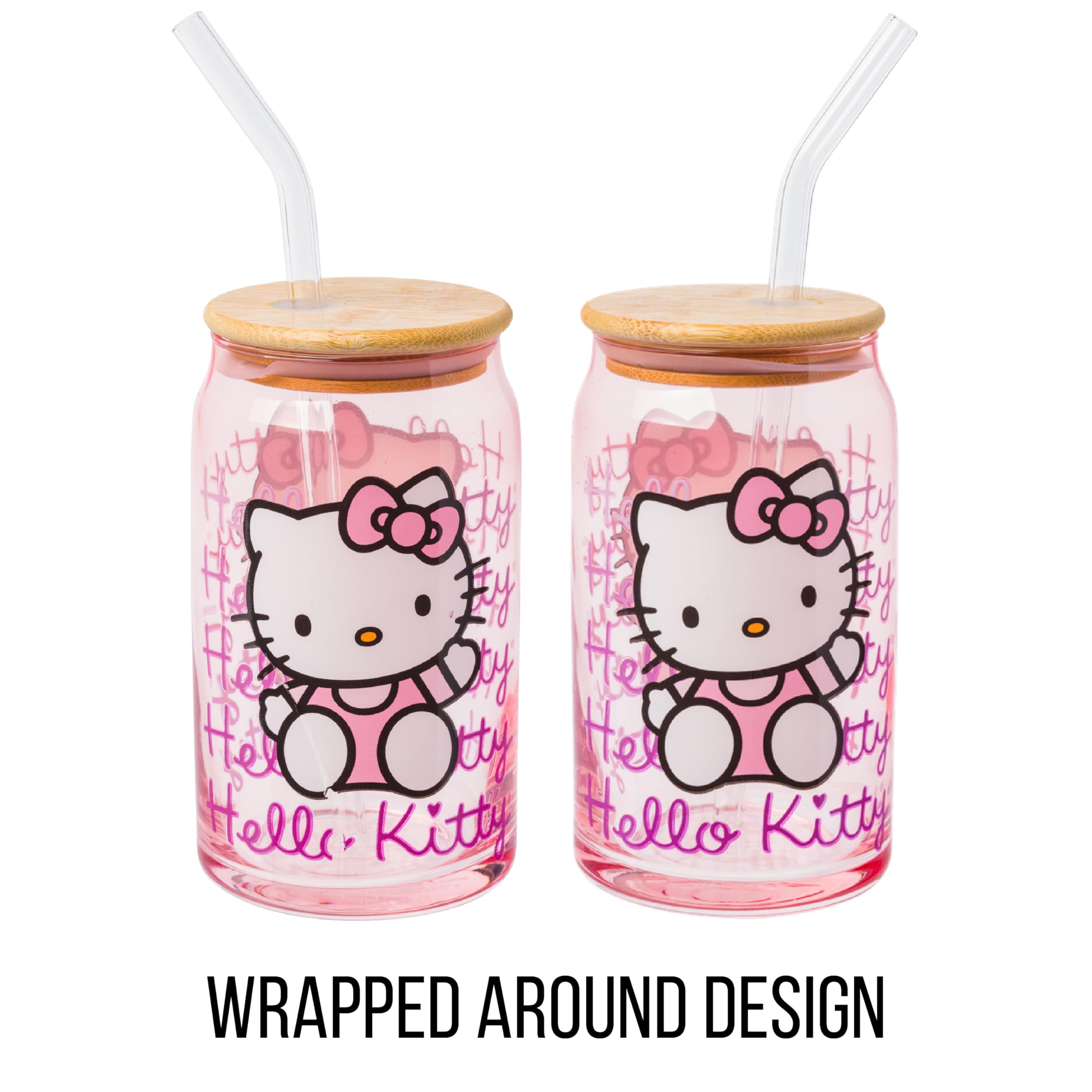 Silver Buffalo Sanrio Hello Kitty Glass Tumbler With Bamboo Lid And Glass Straw, 16 Ounces