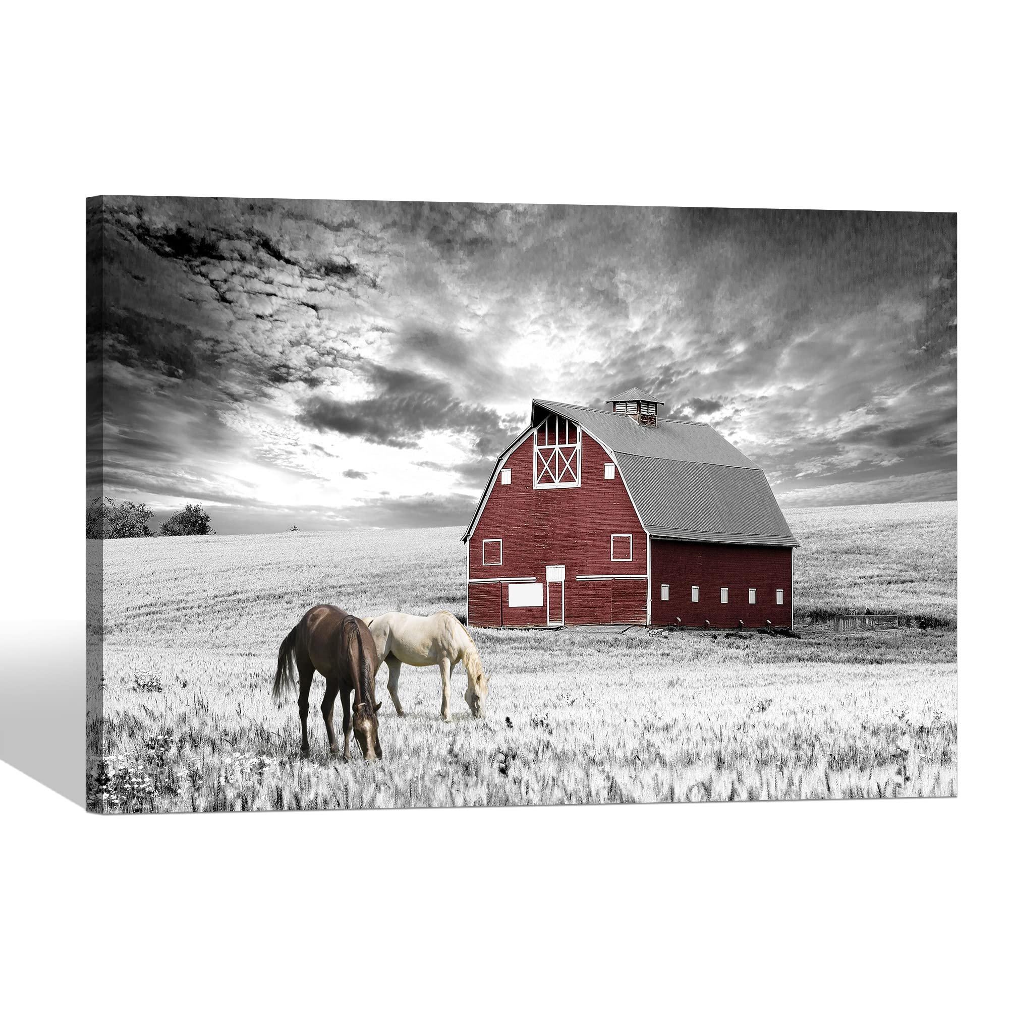 Sd Soft Dance Farmhouse Barn Canvas Wall Art: Black White Farm Landscape Pictures Country Scenery Artwork Horse Painting Prints