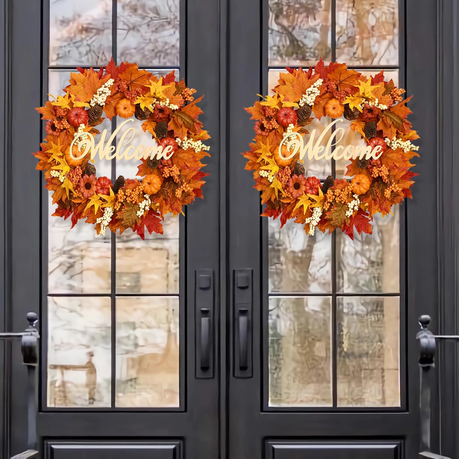 Waipfaru Fall Decor, Fall Wreaths for Front Door, Autumn Wreath with Lights and Welcome Sign, 20 Outdoor Reef for Thanksgiving