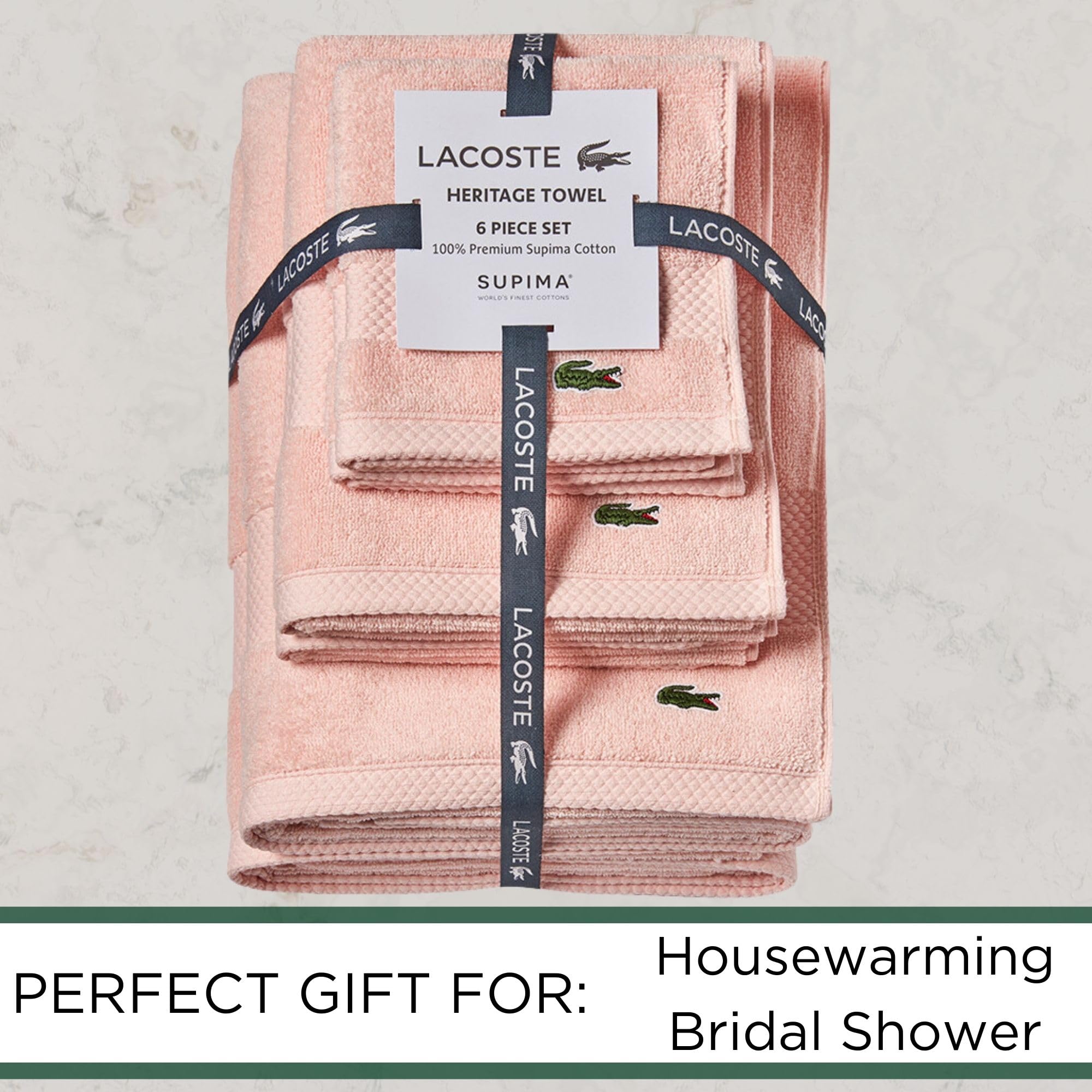 Lacoste Heritage Supima Cotton 6-Piece Towel Set, 2 Bath Towels, 2 Hand Towels, 2 Washcloths, Light Pink