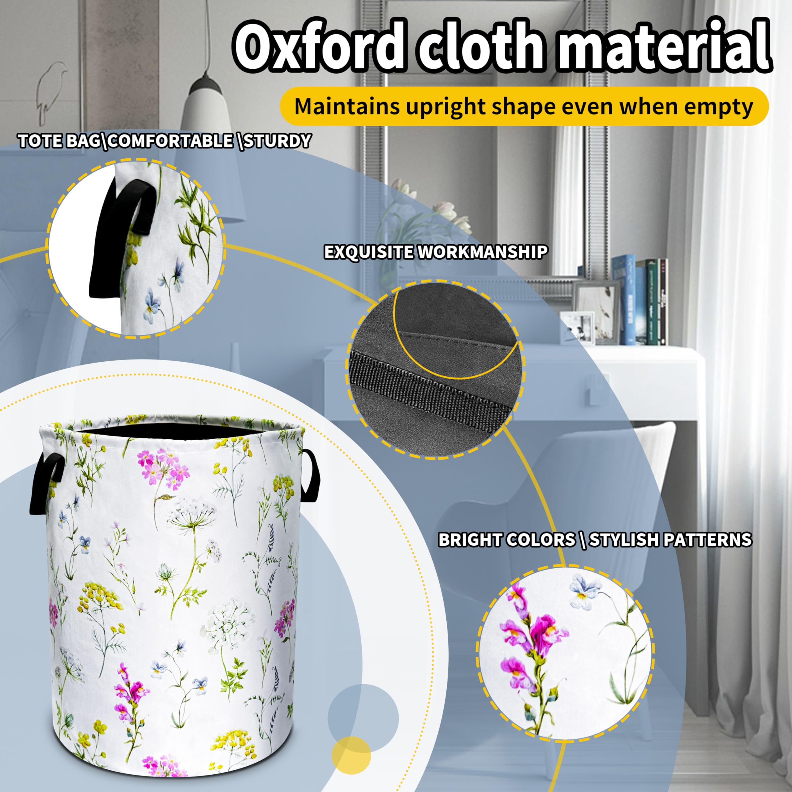Colorful Flowers Laundry Basket Floral Foldable Waterproof Oxford Cloth Funny Tote Bag Laundry Hamper Clothes Storage Bucket Toy