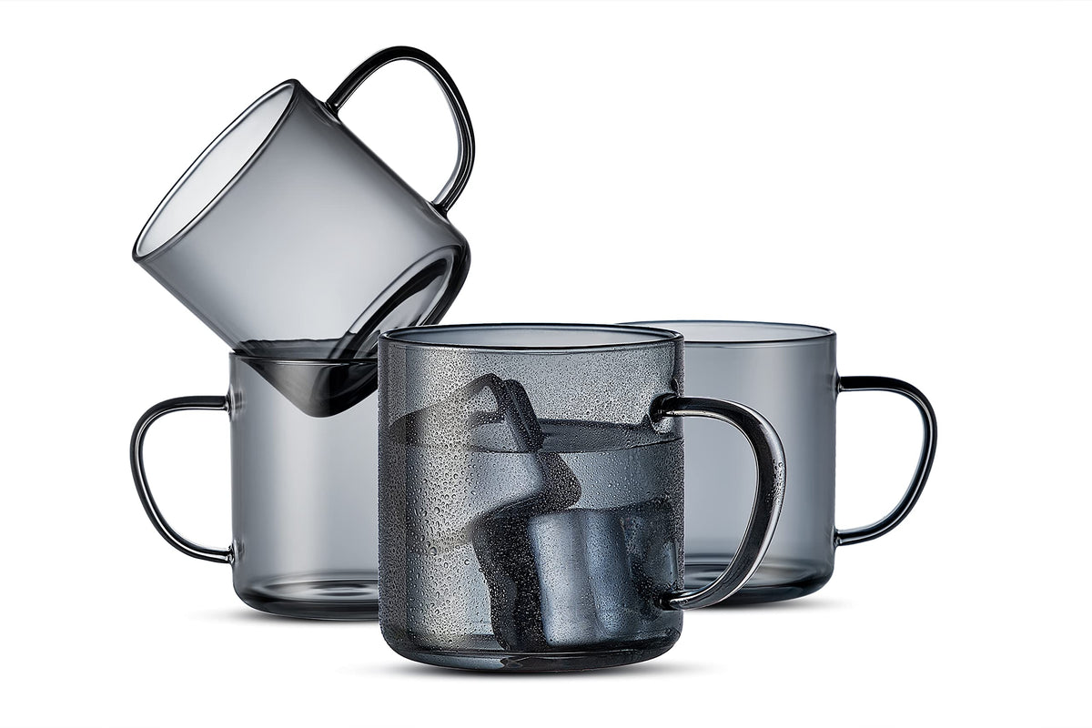 Luxu 4Pcs Set Simple Glass Coffee Mugs-Hand Blown&Seamless Design,14 Oz Grey Coffee Cups-Heat Resistant And Explosion-Proof,Ligh