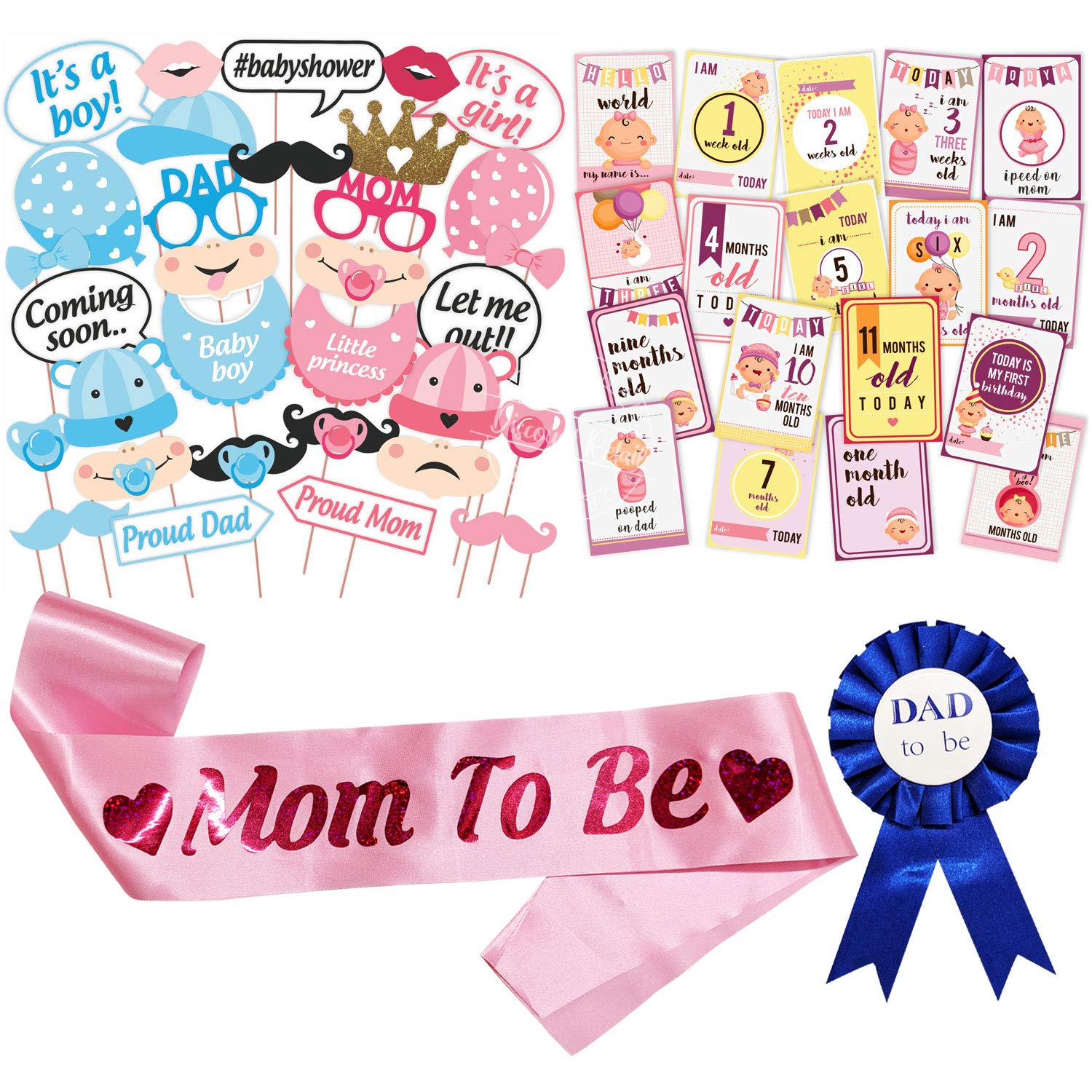 Wobbox Baby Shower Decoration Items| Baby Shower Ceremony Photo Booth Props for Photoshoot, Daddy to Be Badge & Mom to Be Sash w