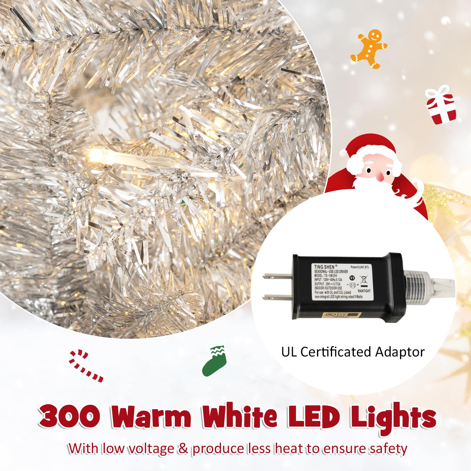 GOFLAME 6FT Pre-Lit Pencil Christmas Tree, Hinged Christmas Tree with Tinsel Leaves, 790 Branch Tips & 300 Warm White LED Lights