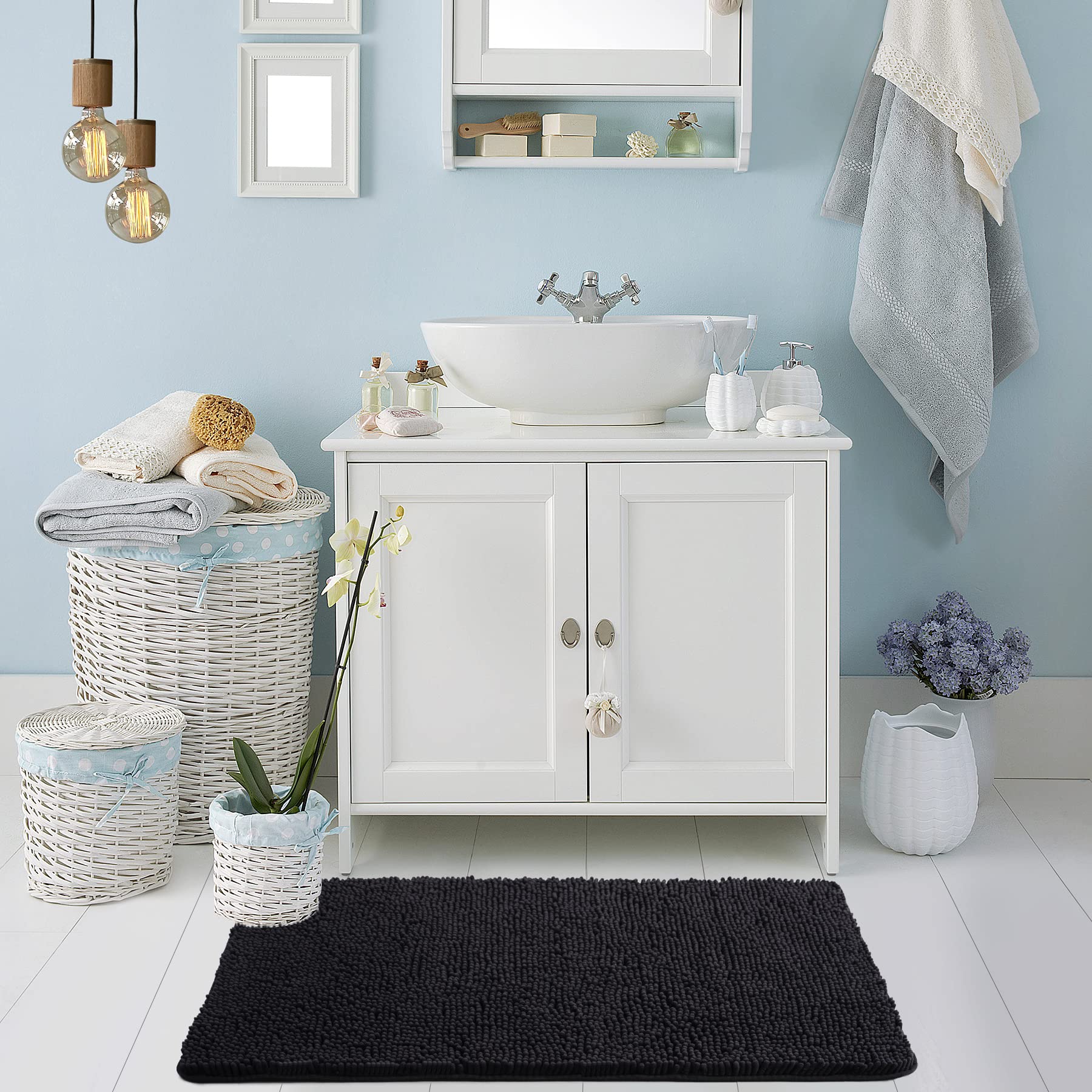 Noahas Bath Rugs 24'' x 36'' Bathroom Rug  Soft Luxury Chenille Bathroom Mats  Non-Slip and Absorbent Throw Rugs for Bath Tub  Plush Microfiber Shower Rug Machine Washable Floor Carpet  Grey