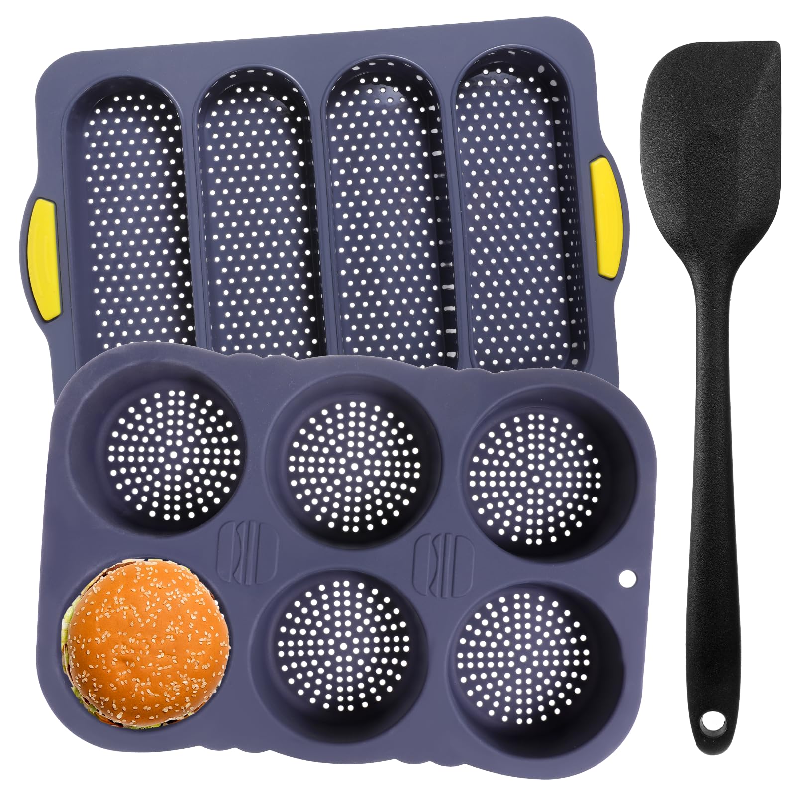 IANFAN 3 Pcs Silicone Baguette Pan and Hamburger Bun Pan Set, Silicone Bread Loaf Pans Bread Molds 4 Wave French Breads Baking T