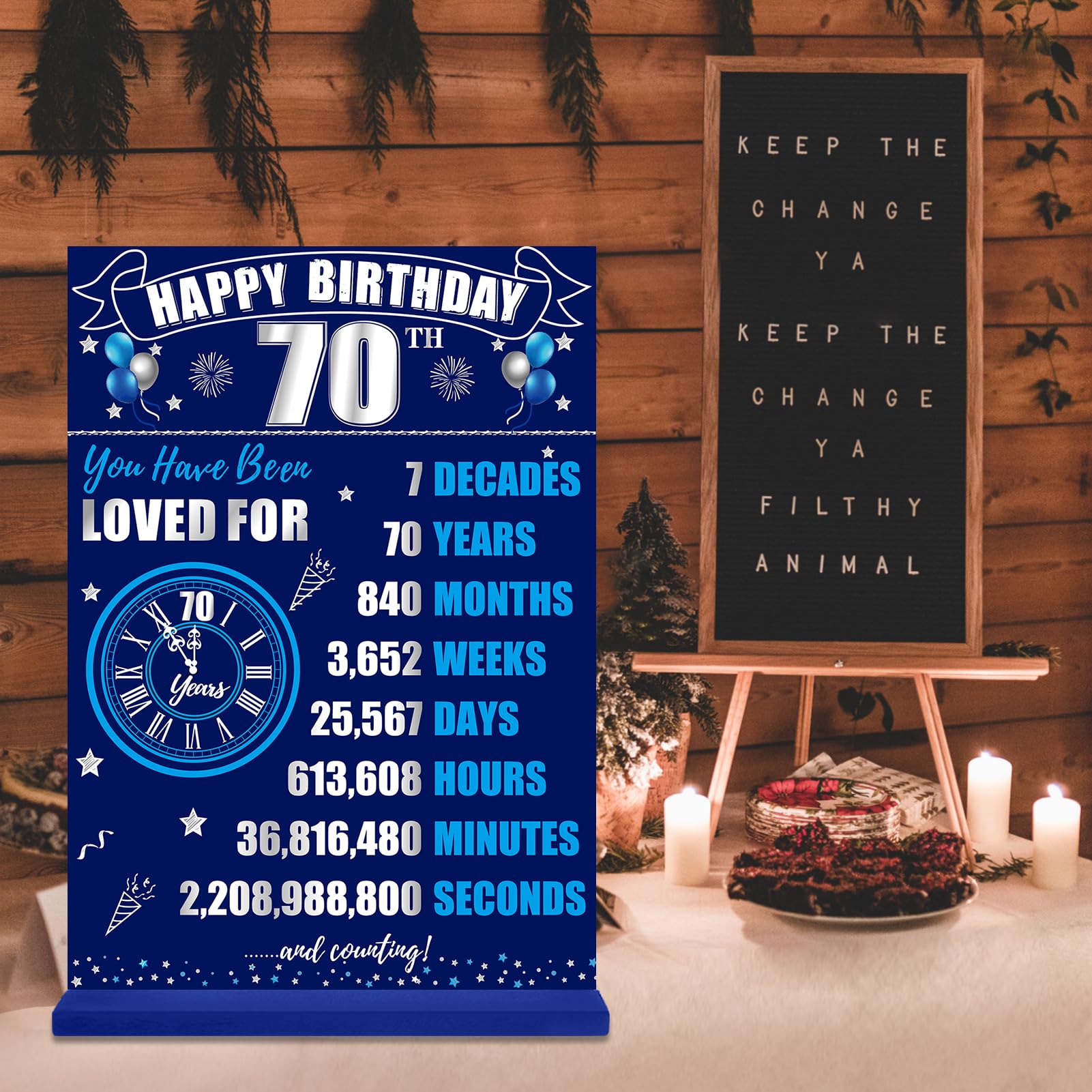 70th Birthday Decorations Back in 1955 Table Sign for Men, Blue Silver 70 Birthday Two-Sided Wooden Table Poster with Stand Part