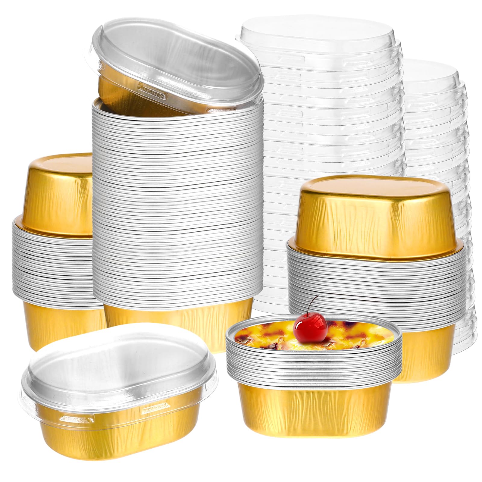 150 Pack Mini Aluminum Baking Cups with Lids, 3 OZ Disposable Ramekins Muffin Liners Containers, Individual Pie Tin Cup for Dess