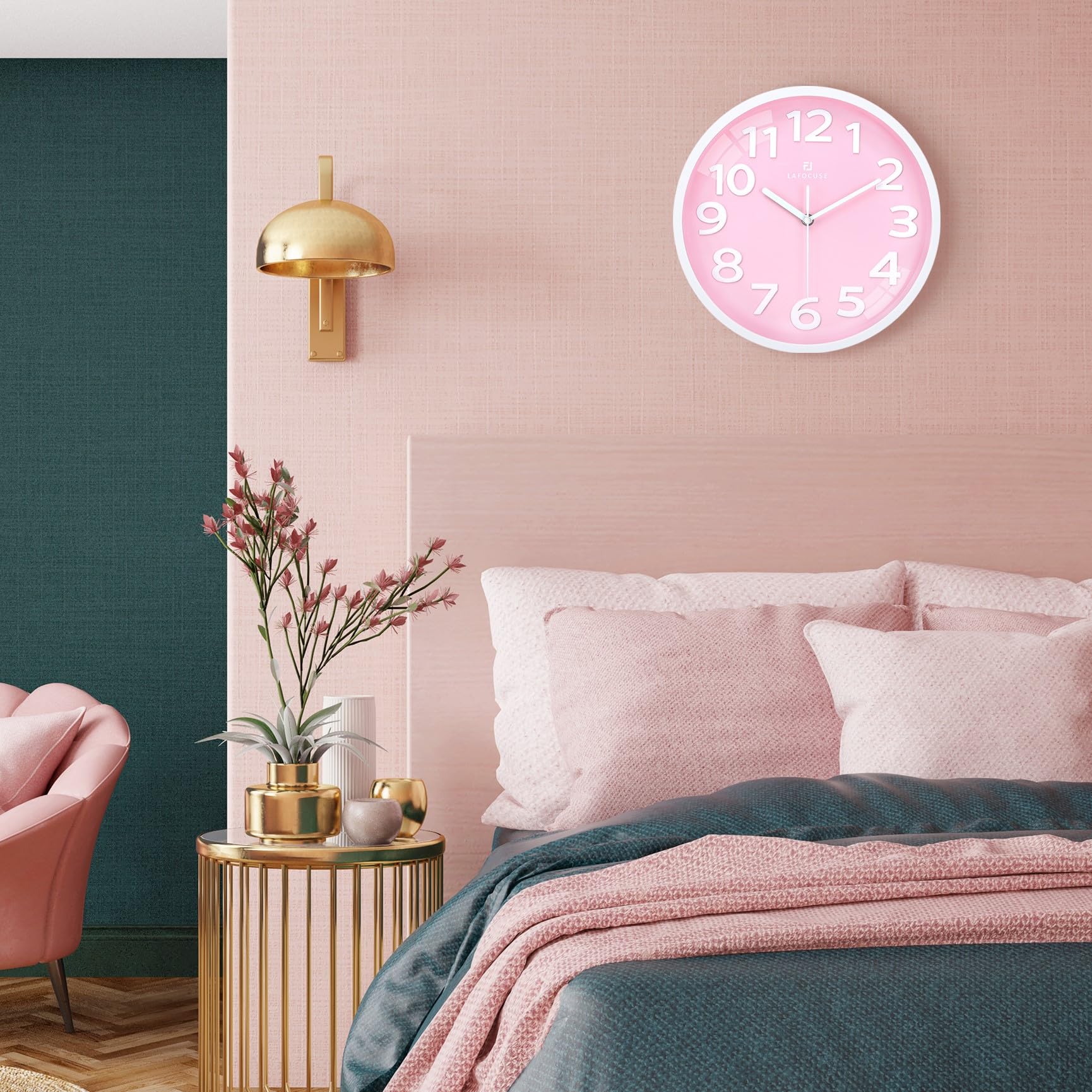 Lafocuse 12 Inch 3D Numbers Pink Wall clock for Living Room Decor  Modern Kitchen Wall clock Battery Operated Silent Non-Ticking Bedroom Home Office